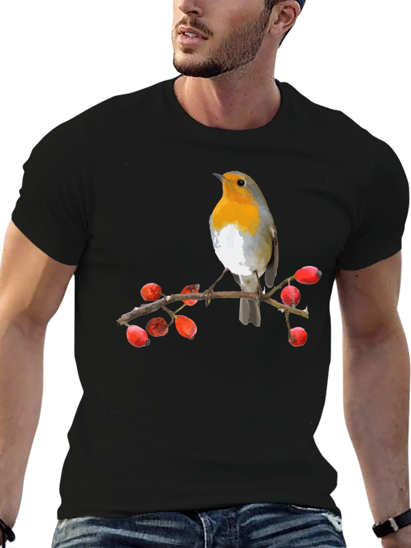 Black Robin Bird on Branch T-Shirt view 6