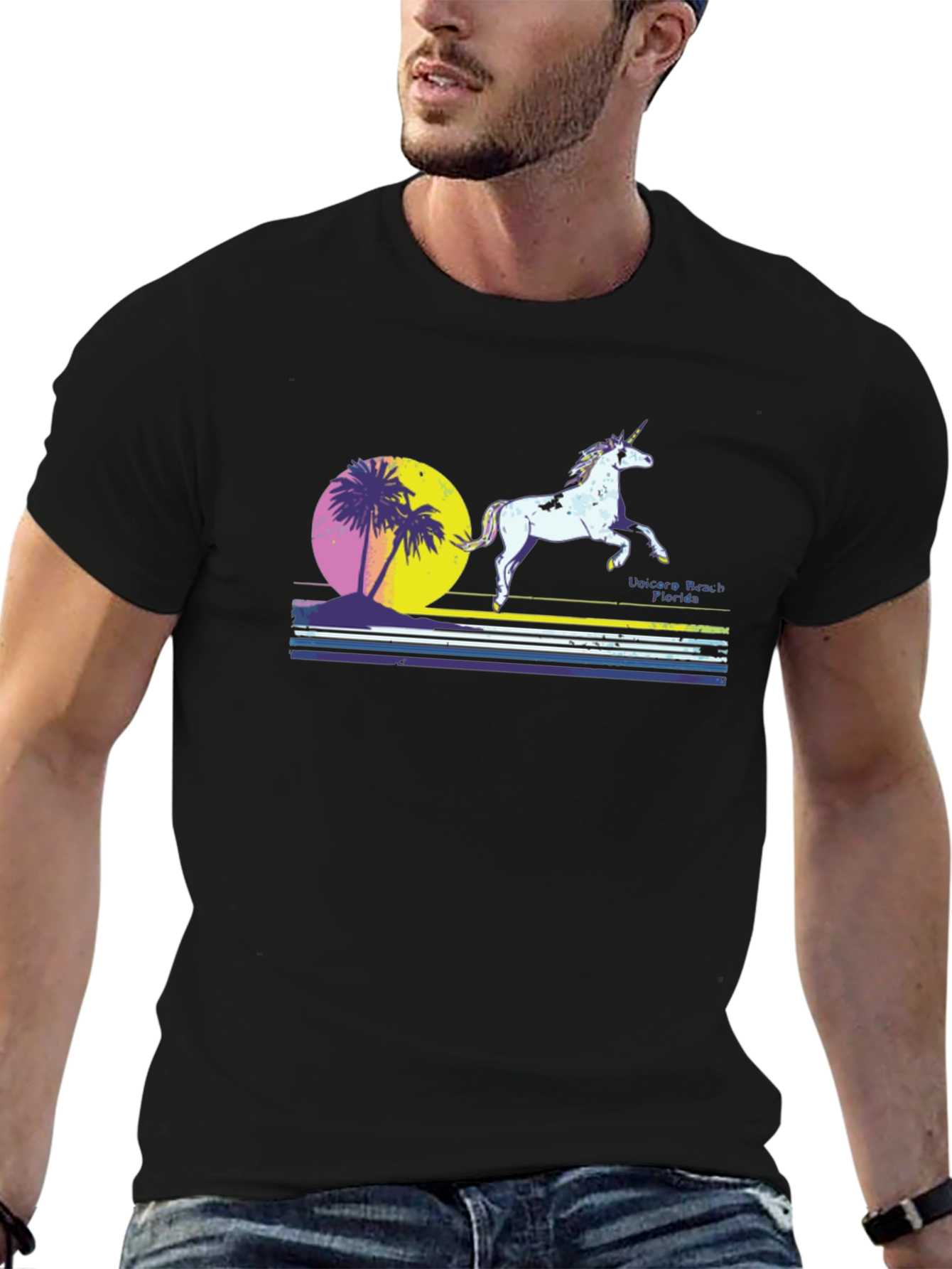 Black Unicorn Beach Florida Men's Black T-Shirt view 6