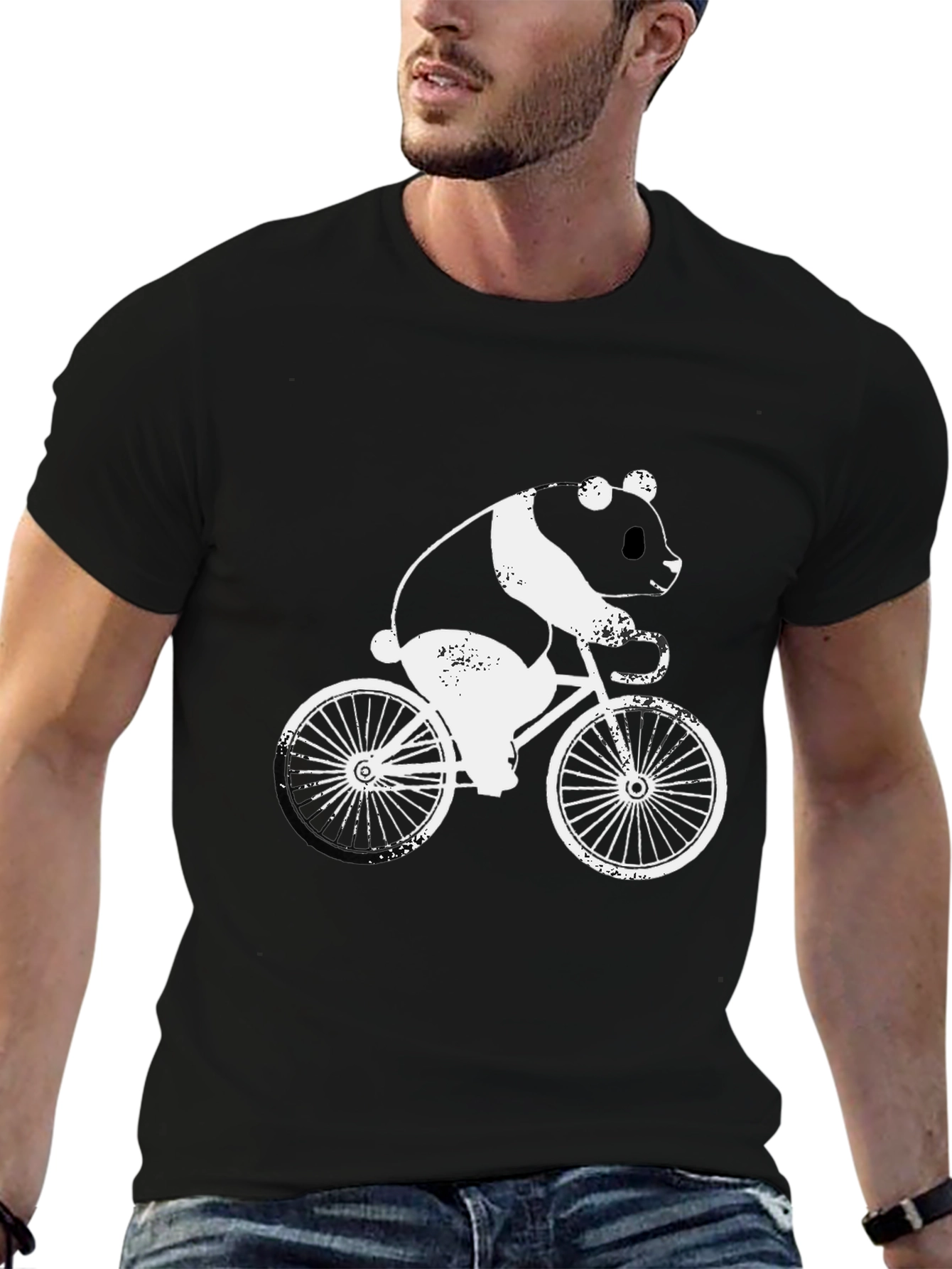 Black Panda on Bike Graphic Tee - Black Cotton T-Shirt view 6