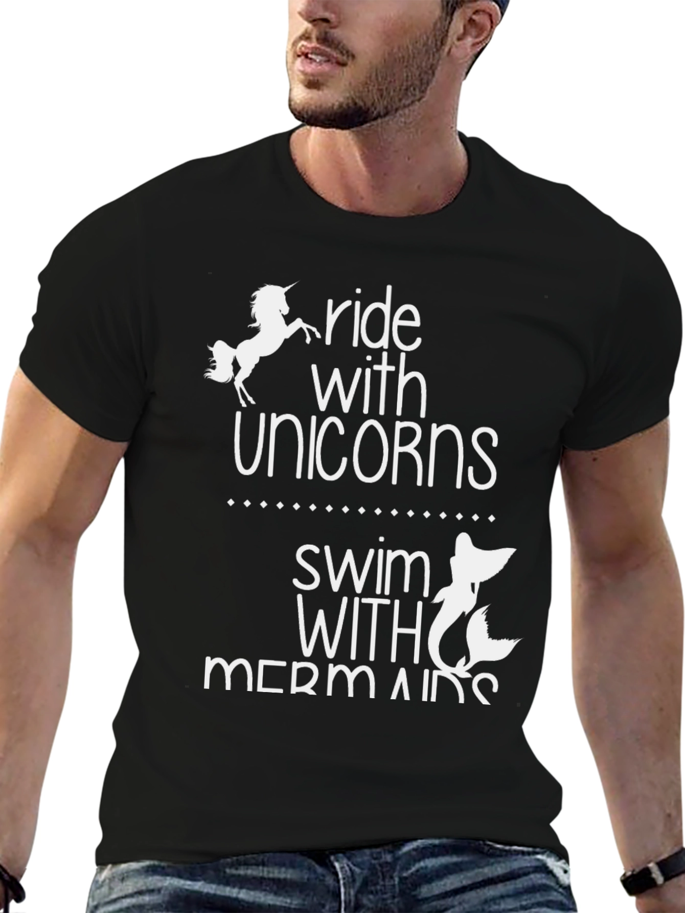 Black Ride with Unicorns & Swim with Mermaids Black T-Shirt view 6