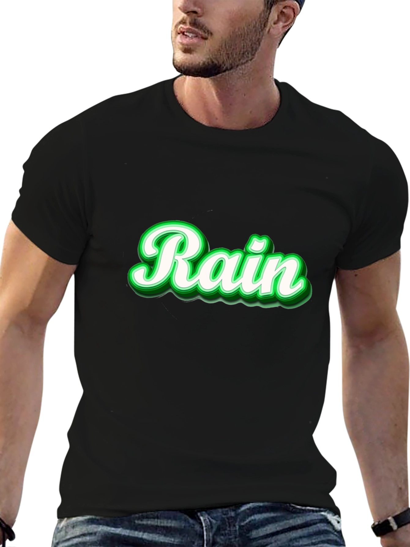 Black Stylish Black T-Shirt with 'Rain' Graphic view 6