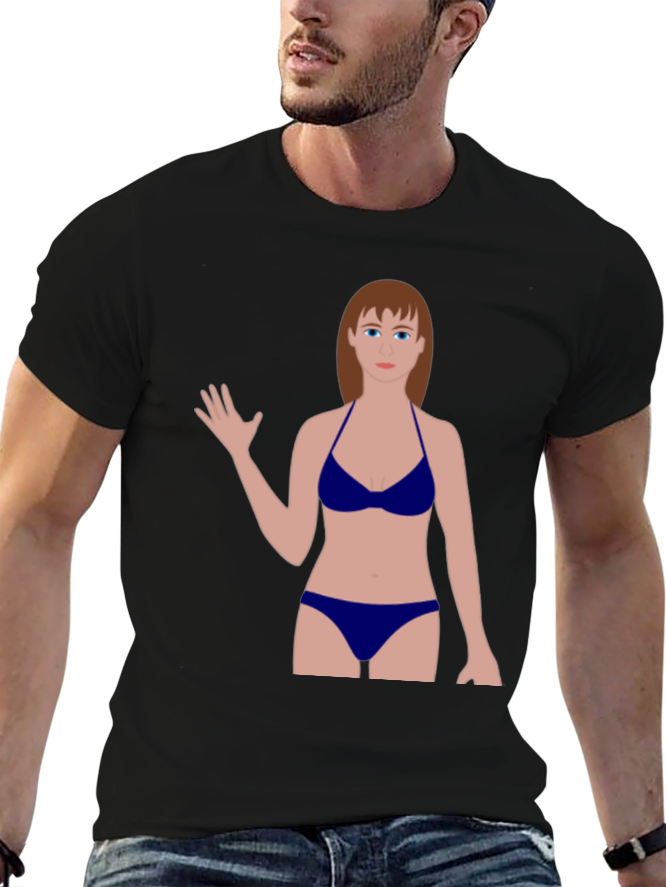 Black Novelty Graphic Tee - Cartoon Woman Swimsuit Design view 6