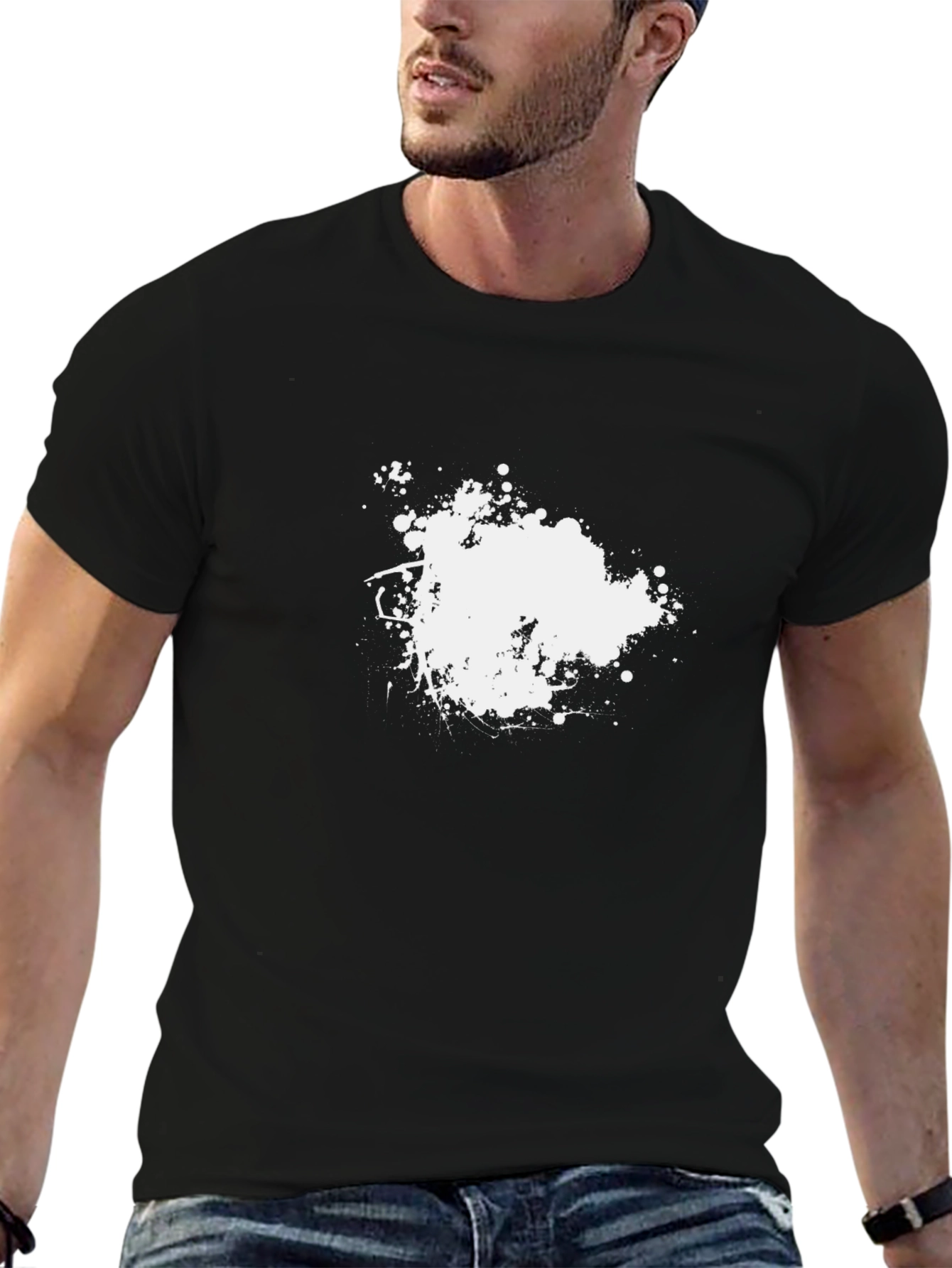 Black Men's Black T-Shirt with White Splatter Design view 6