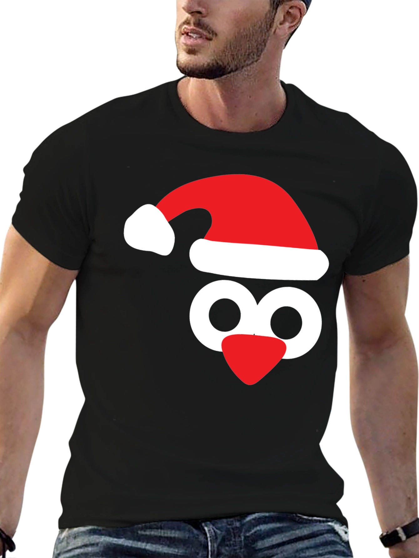Black Festive Penguin Tee - Santa Hat Holiday Shirt view 6