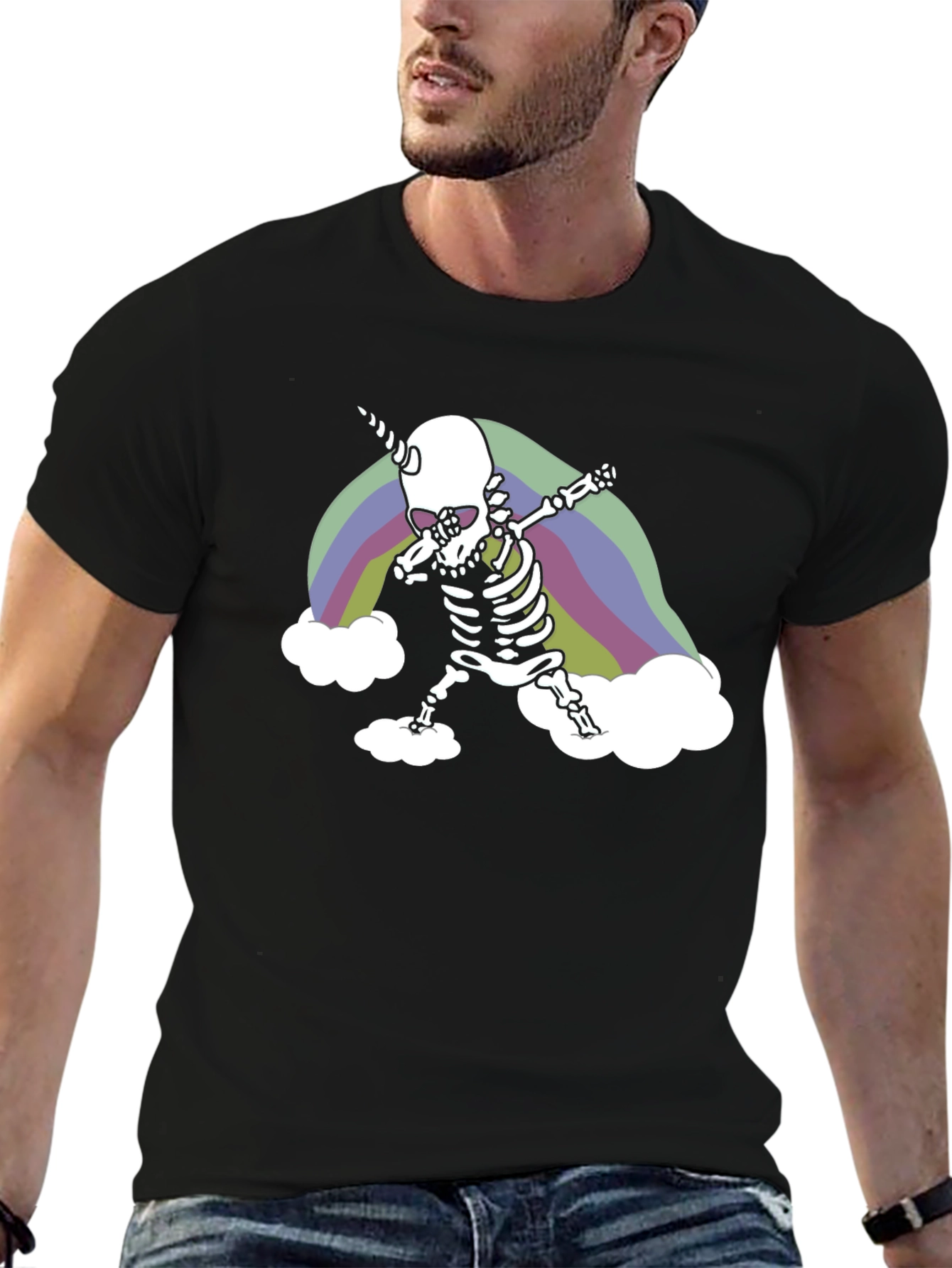 Black Dabbing Skeleton Unicorn Rainbow Graphic Tee view 6