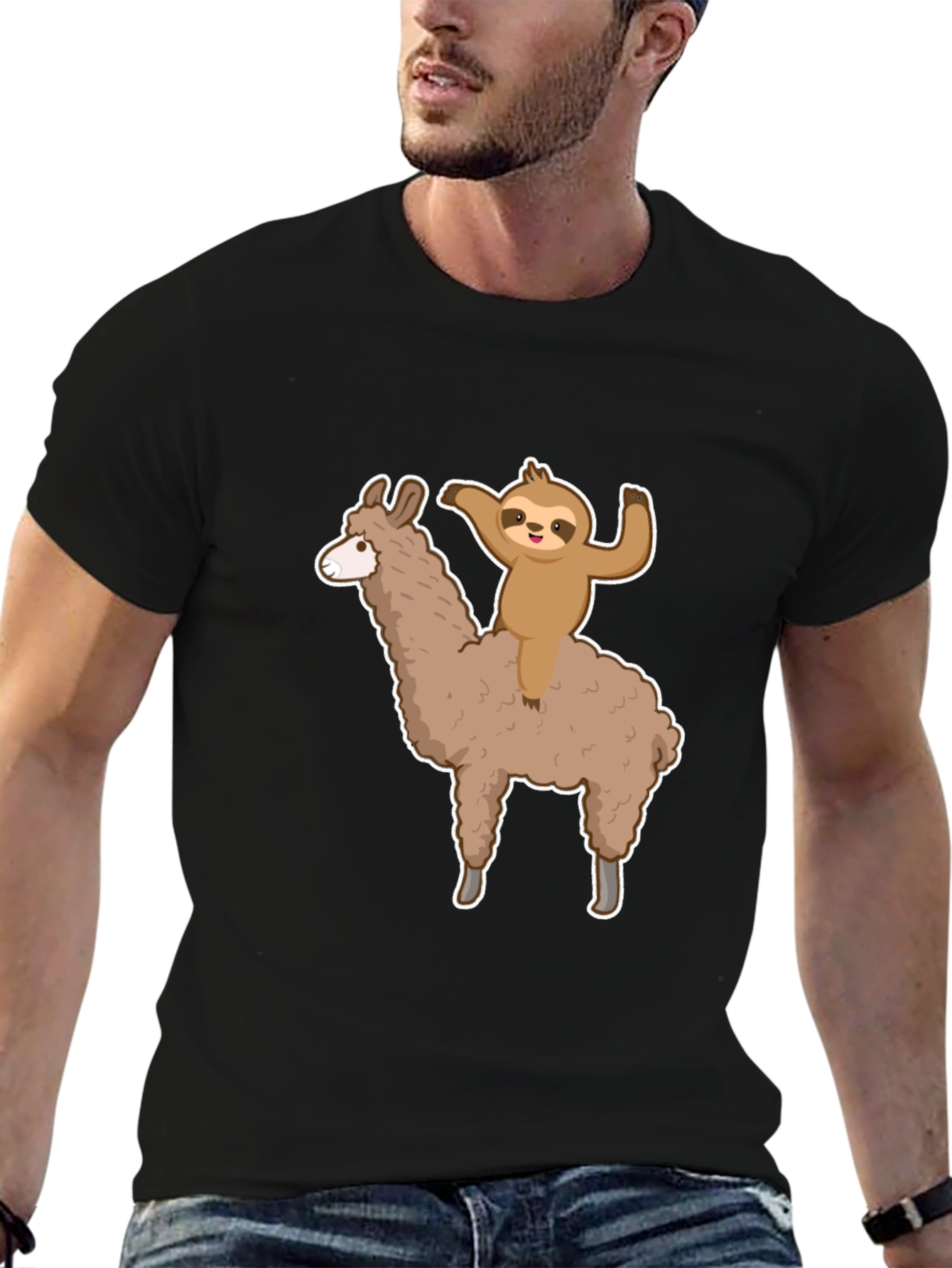 Black Sloth Riding Llama Graphic Tee - Men's Black T-Shirt view 6