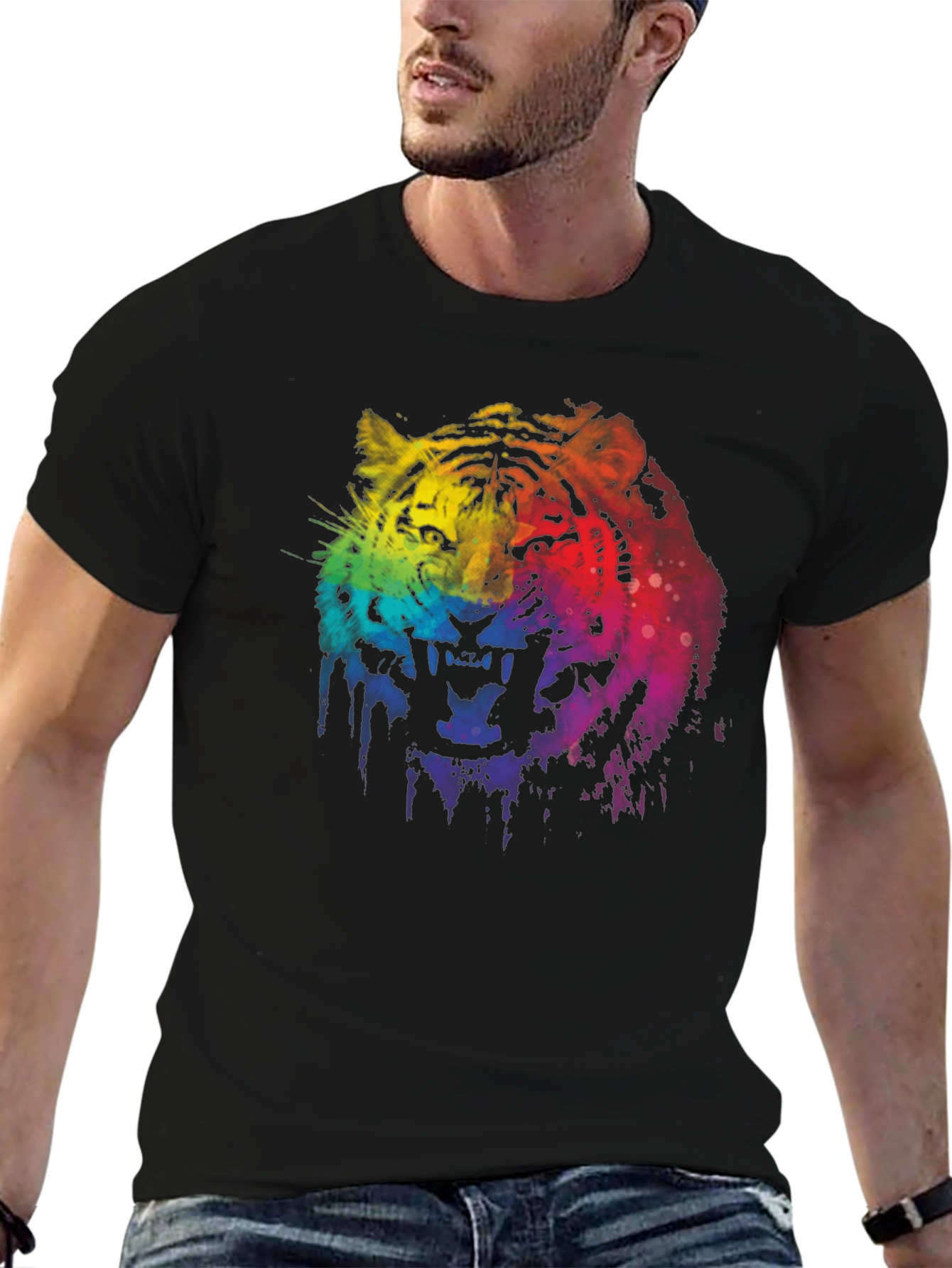 Black Rainbow Tiger Graphic Print Black T-Shirt view 6