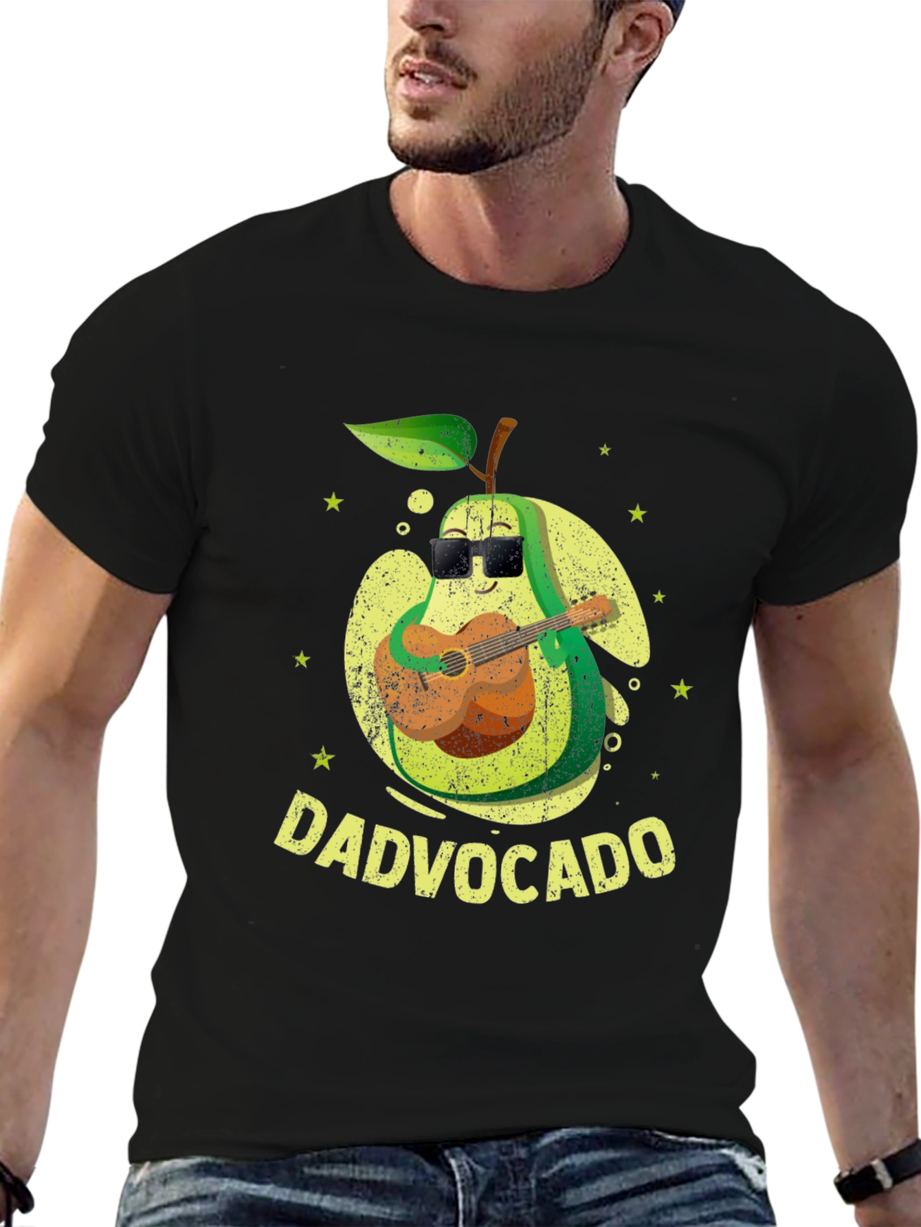 Black Dad-vocado T-Shirt: Avocado Playing Guitar - Fathers Day Tee view 6