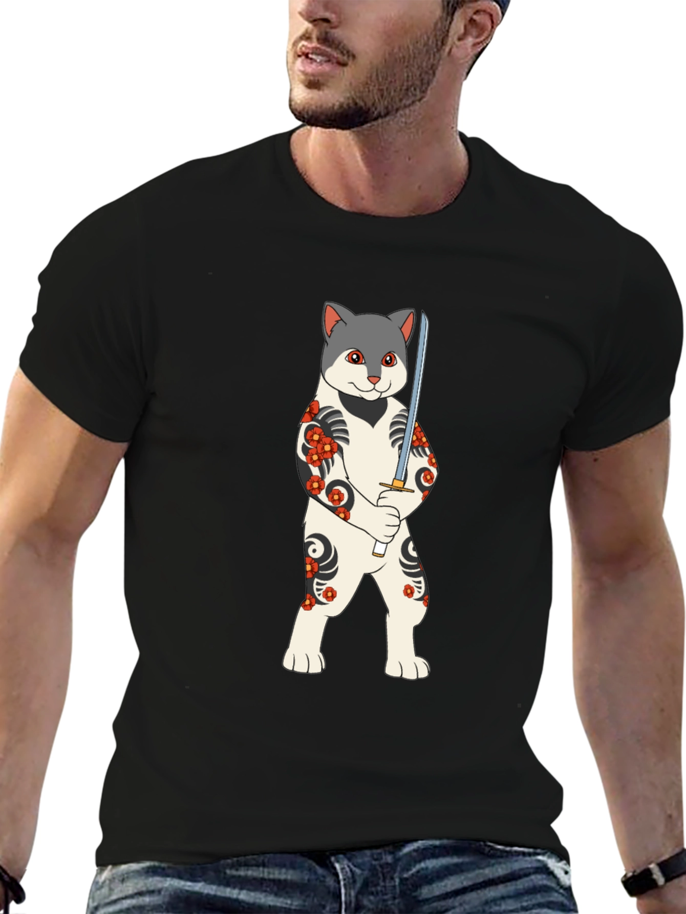 Black Samurai Cat T-Shirt - Unique Graphic Tee view 6