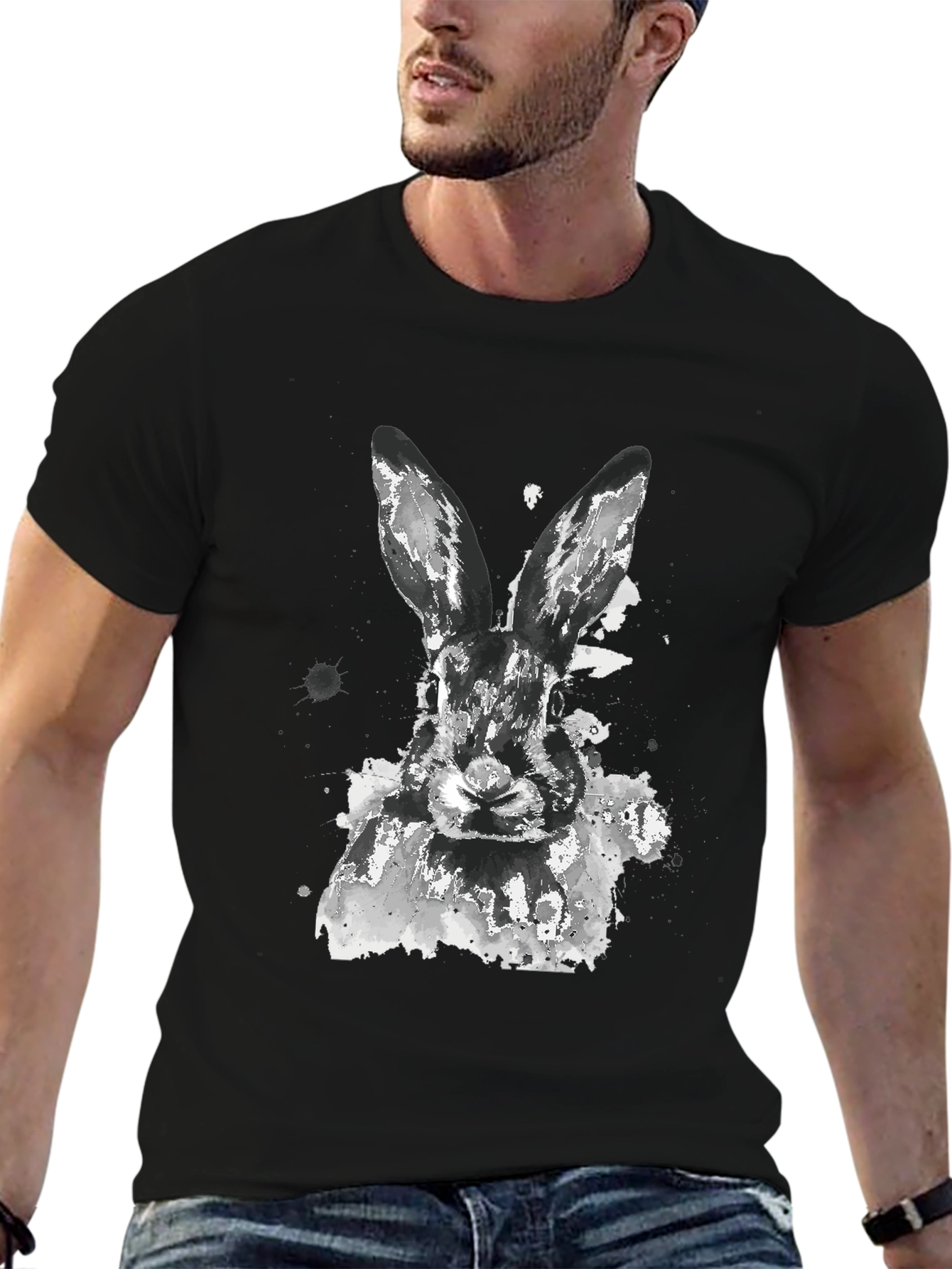 Black Rabbit Watercolor Graphic Tee - Casual Black T-Shirt view 6