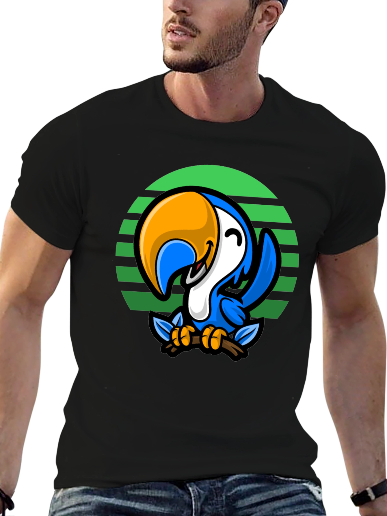 Black Cartoon Parrot Graphic Tee - Men's Black T-Shirt view 6