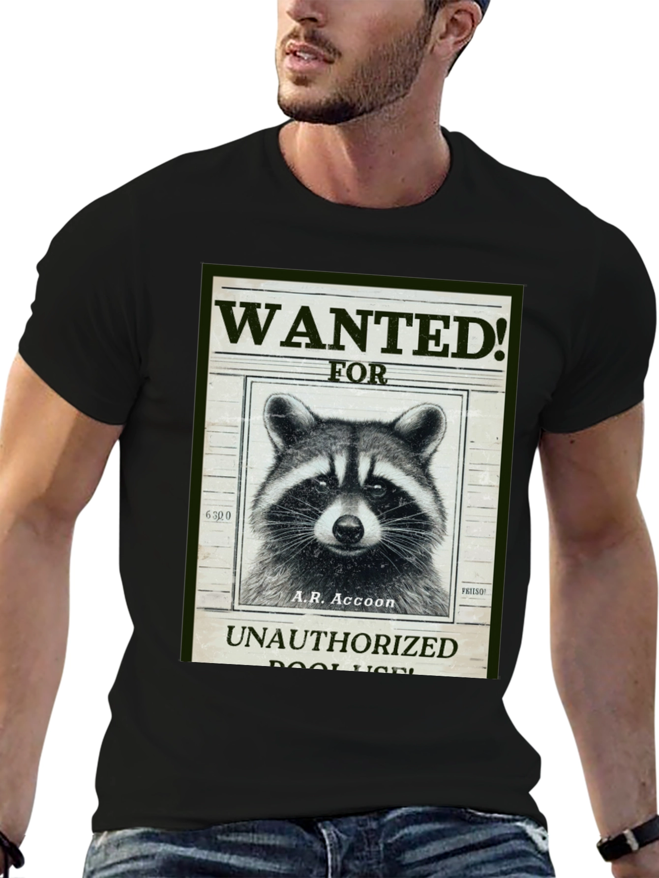 Black Raccoon Wanted T-Shirt - A.R. Accoon - Funny Graphic Tee view 6