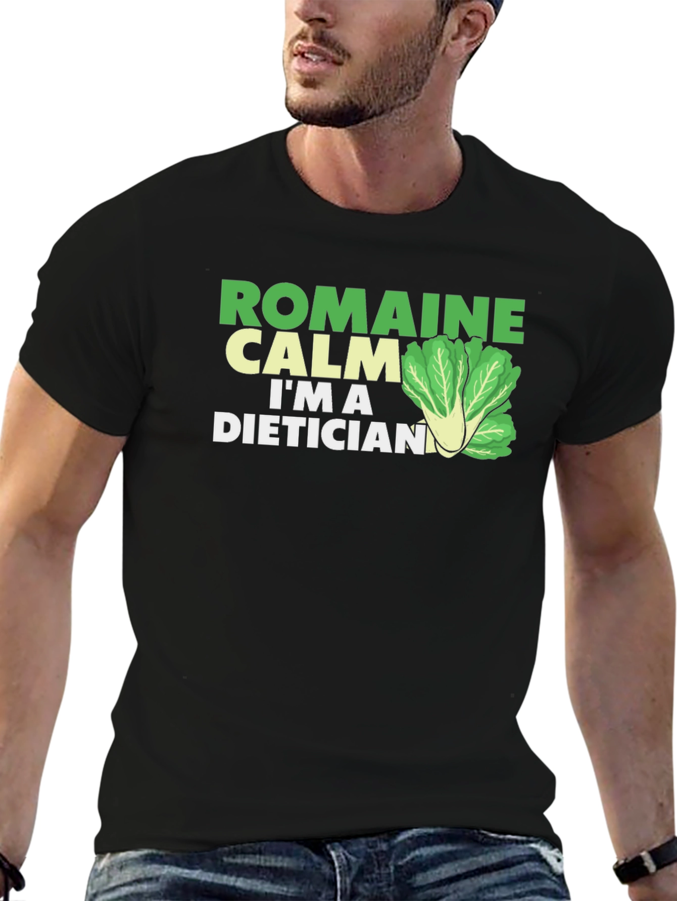 Black Romaine Calm Dietician T-Shirt - Funny Health Food Tee view 6