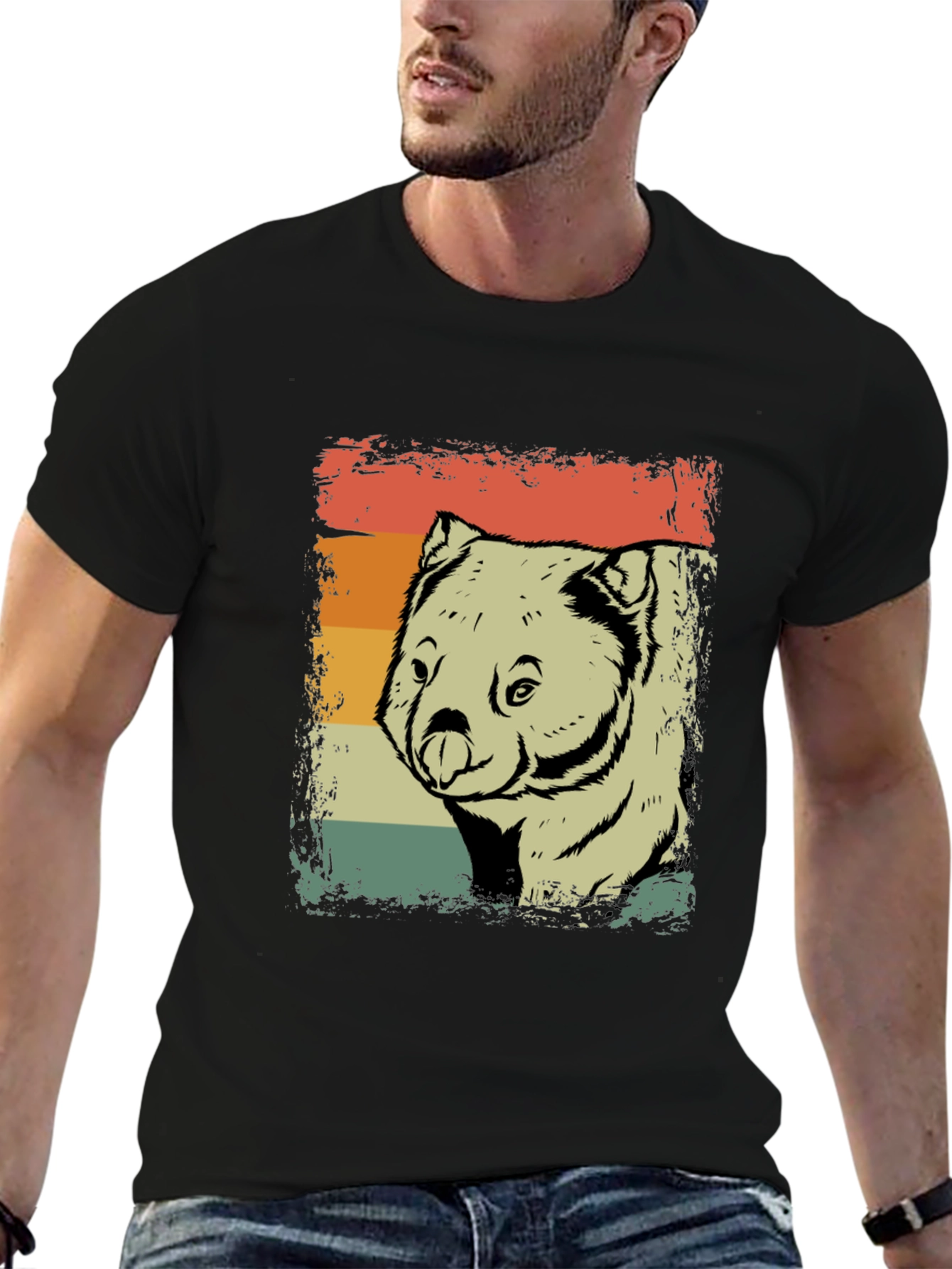Black Retro Wombat T-Shirt - Distressed Vintage Style view 6
