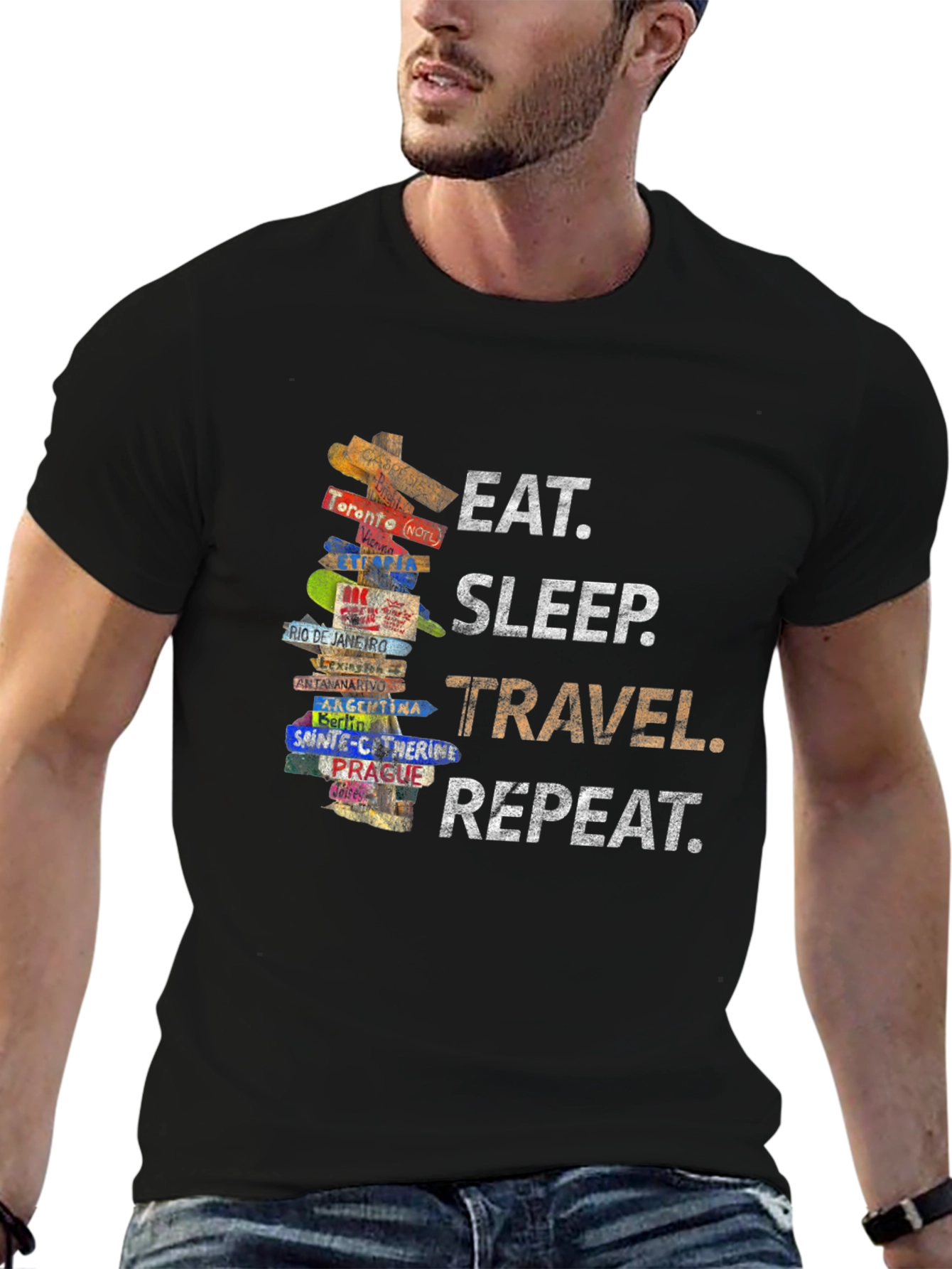 Black Eat Sleep Travel Repeat T-Shirt - Wanderlust Tee view 6