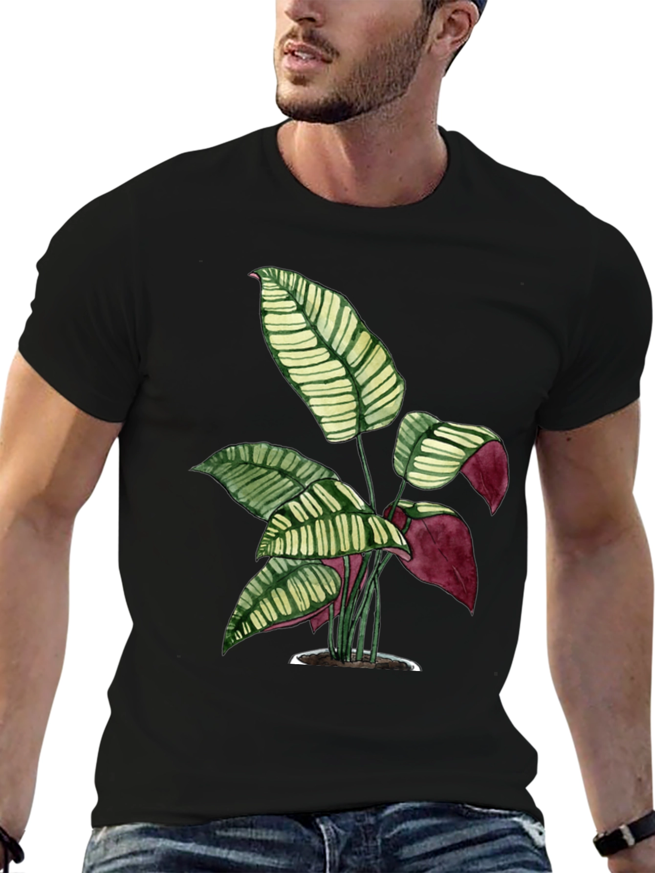 Black Botanical Print Tee - Black Cotton T-Shirt view 6