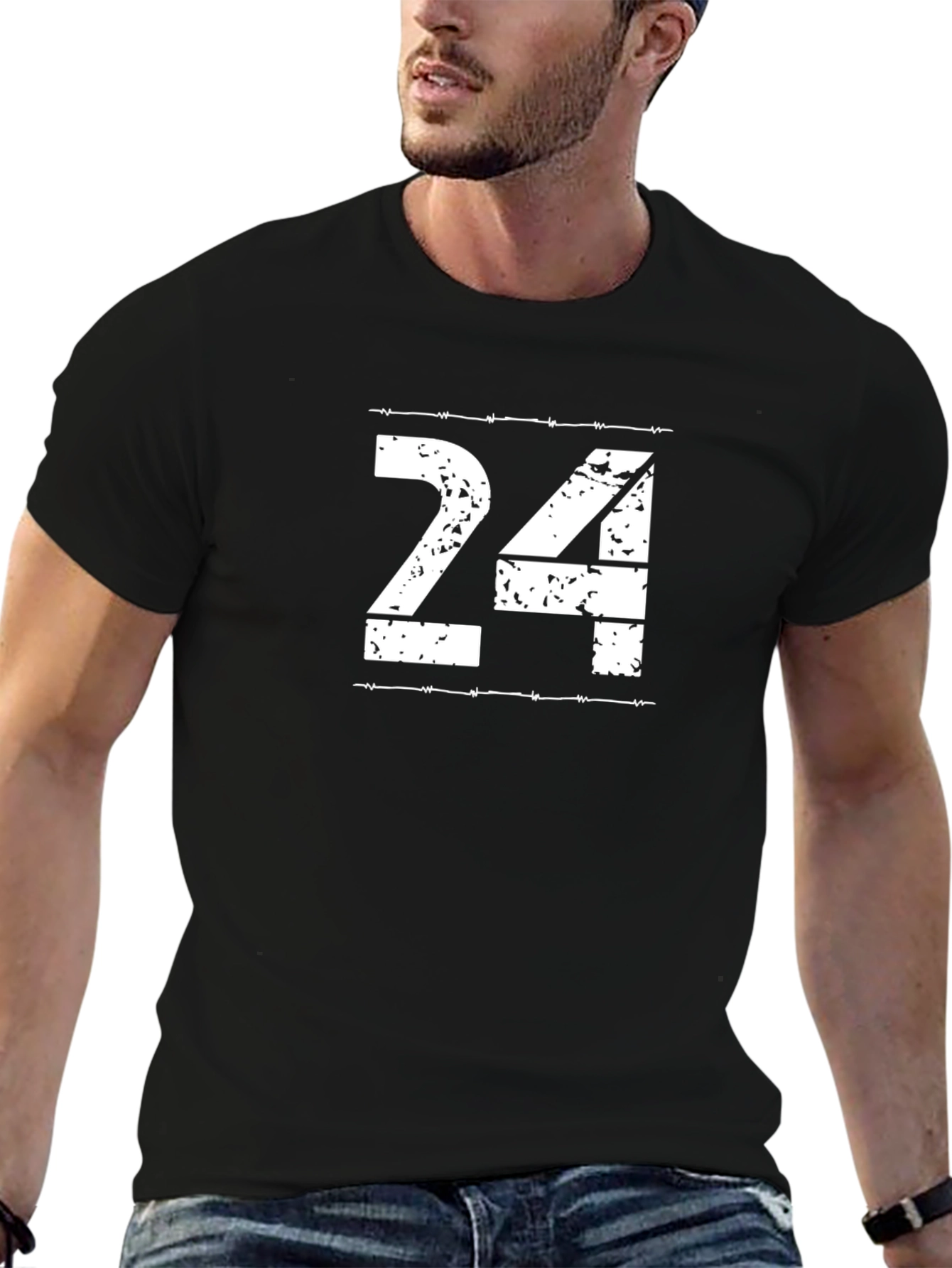 Black Graphic Tee: White "24" Design on Black T-Shirt view 6