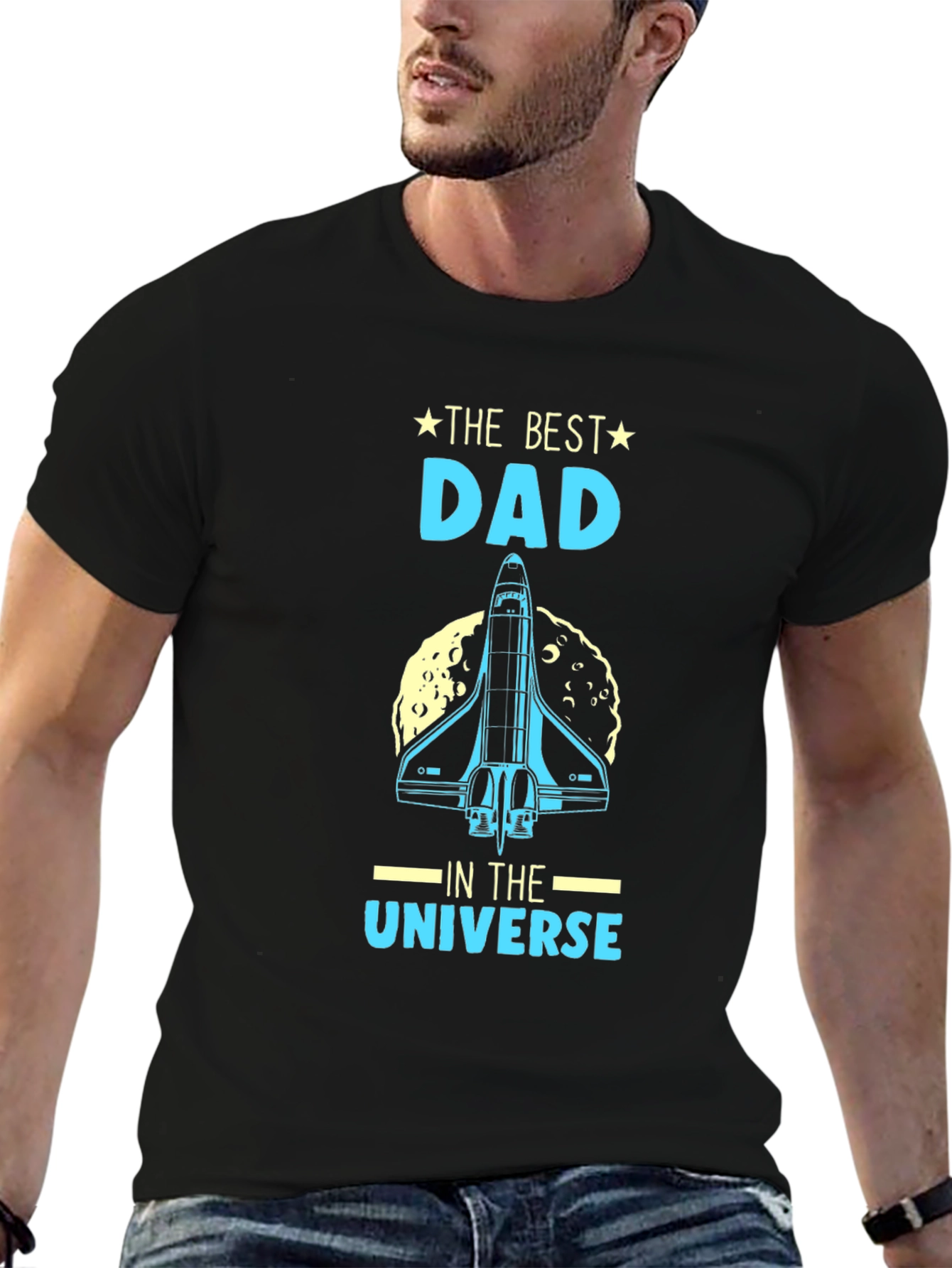 Black Best Dad in the Universe T-Shirt - Space Shuttle Design view 6