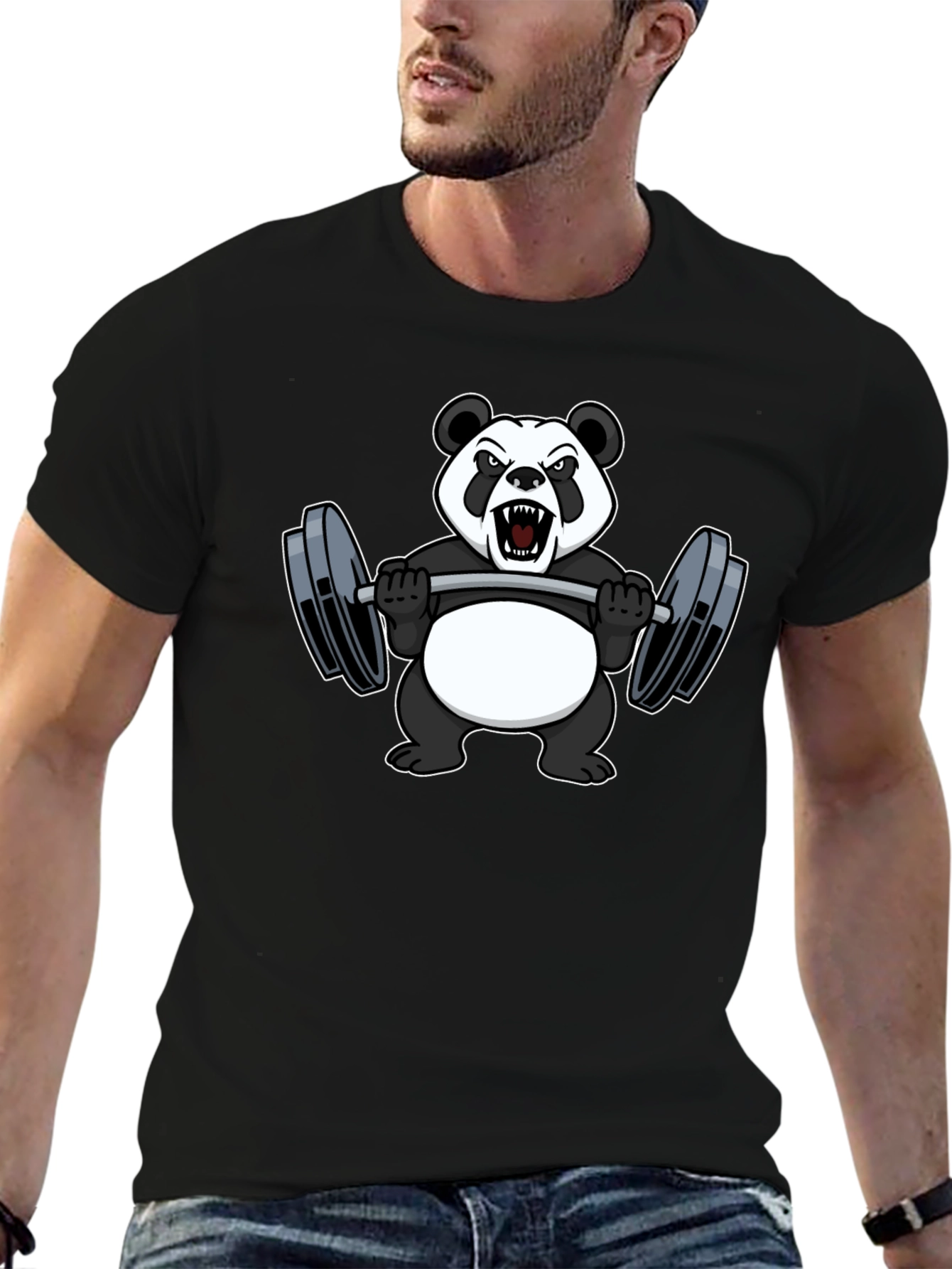 Black Panda Lifting Weights Graphic Tee - Black Cotton T-Shirt view 6