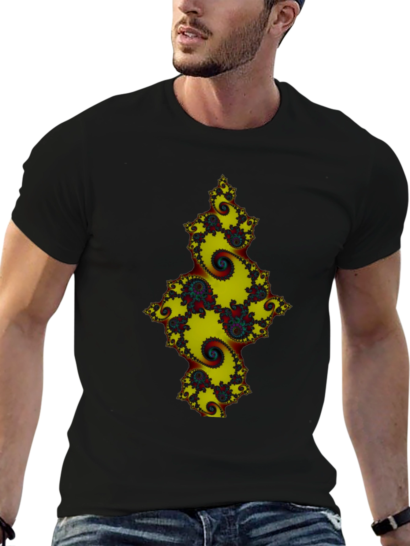 Black Fractal Spiral Graphic Black Tee view 6