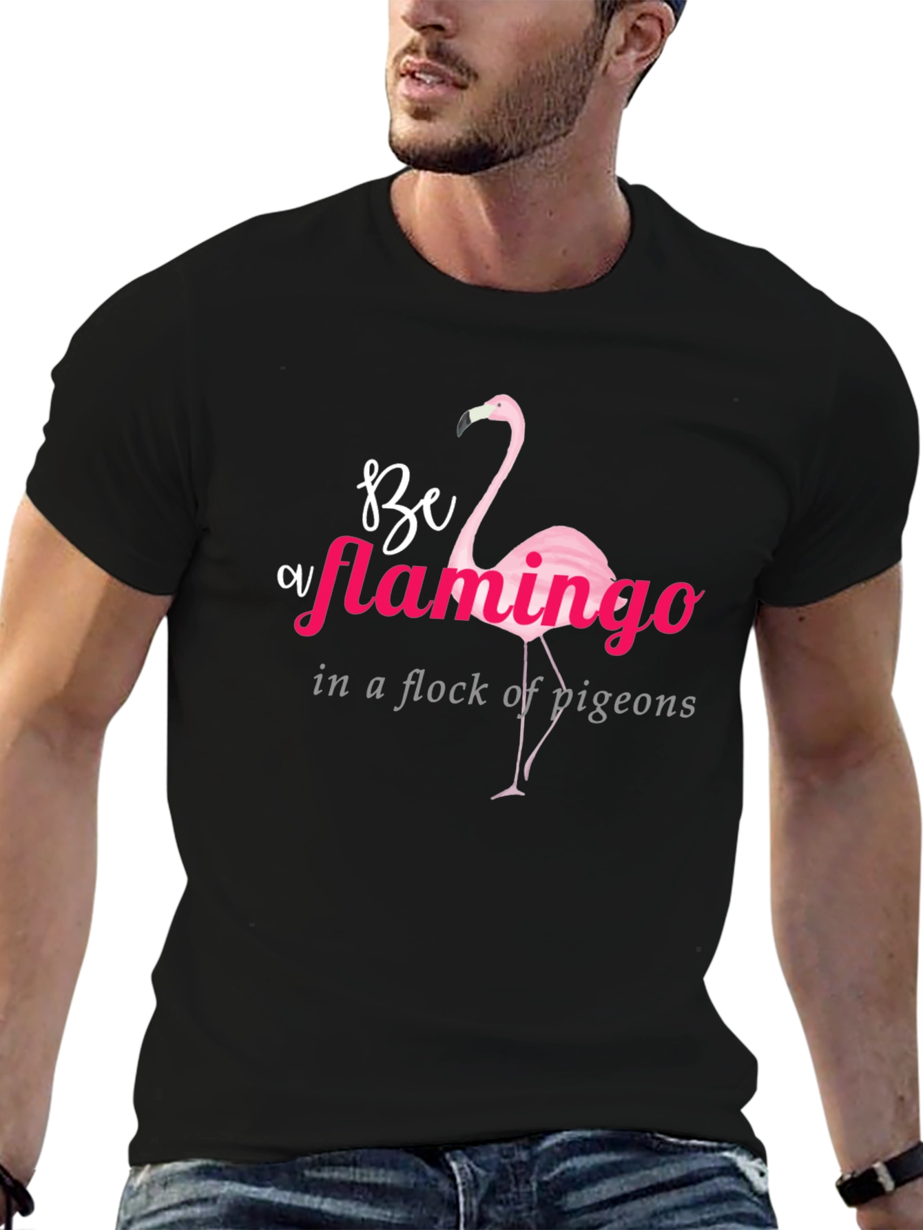 Black Be a Flamingo Graphic Tee - Black Cotton T-Shirt view 6