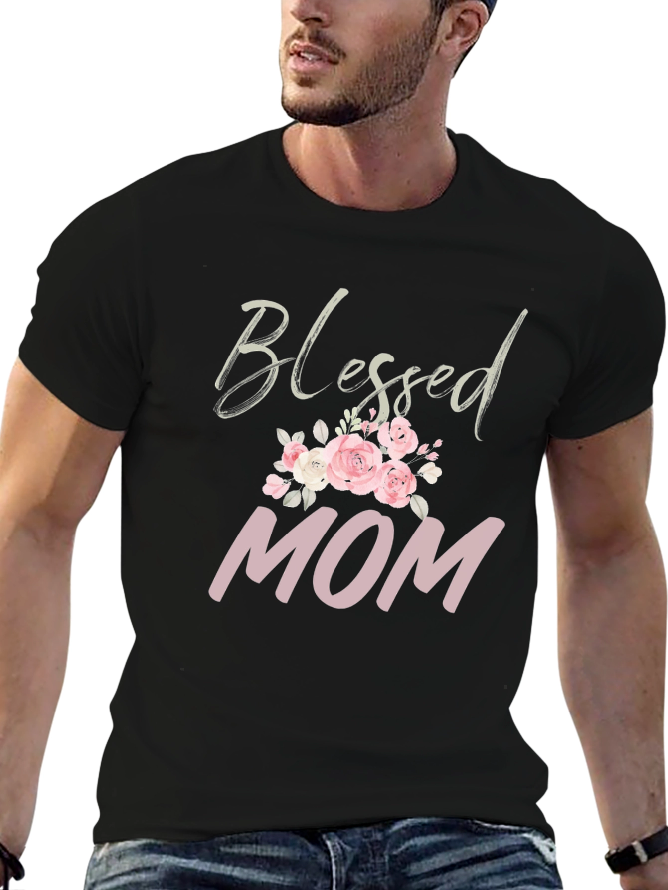 Black Blessed Mom Floral Graphic T-Shirt view 6