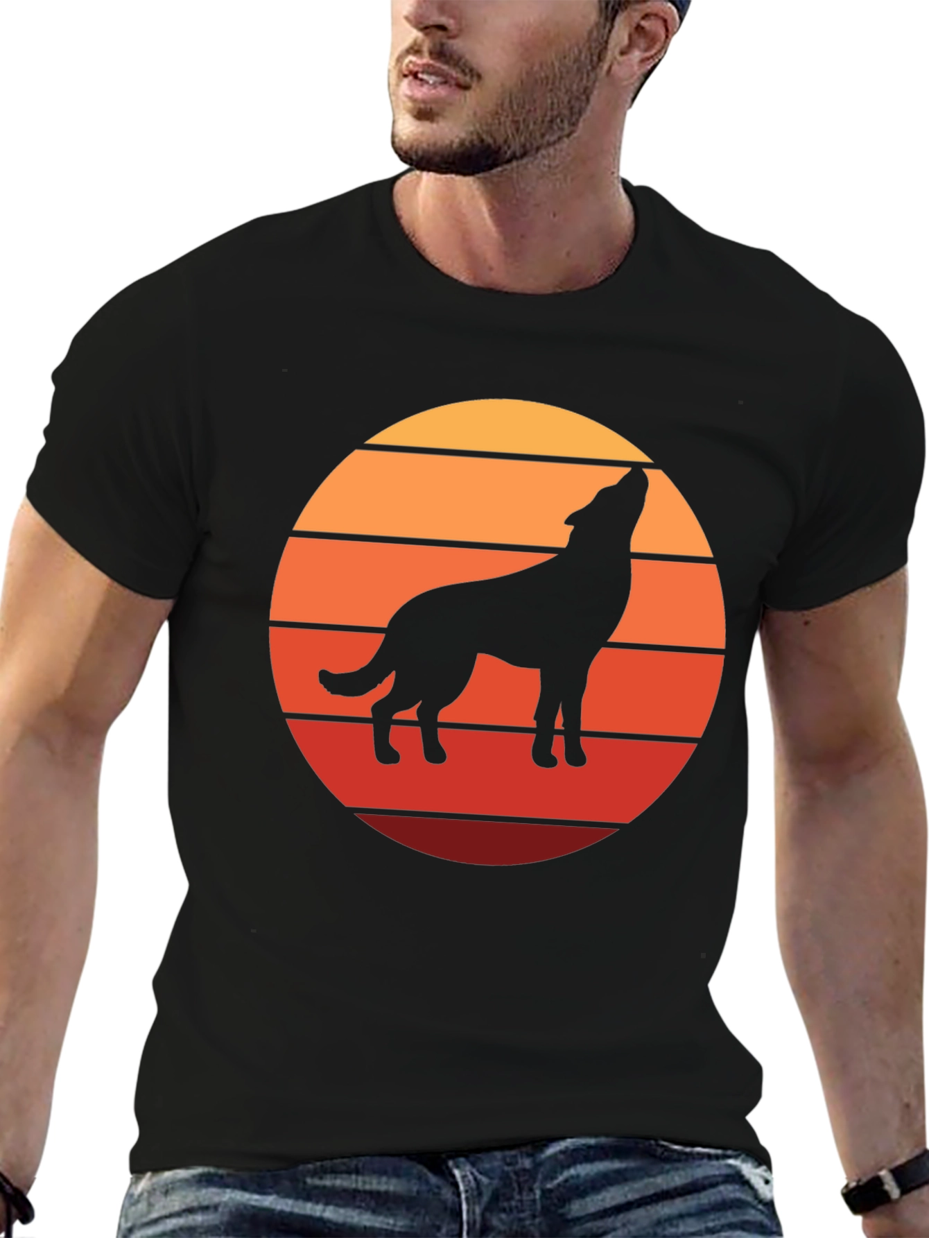 Black Wolf Silhouette Sunset Graphic Tee - Black view 6