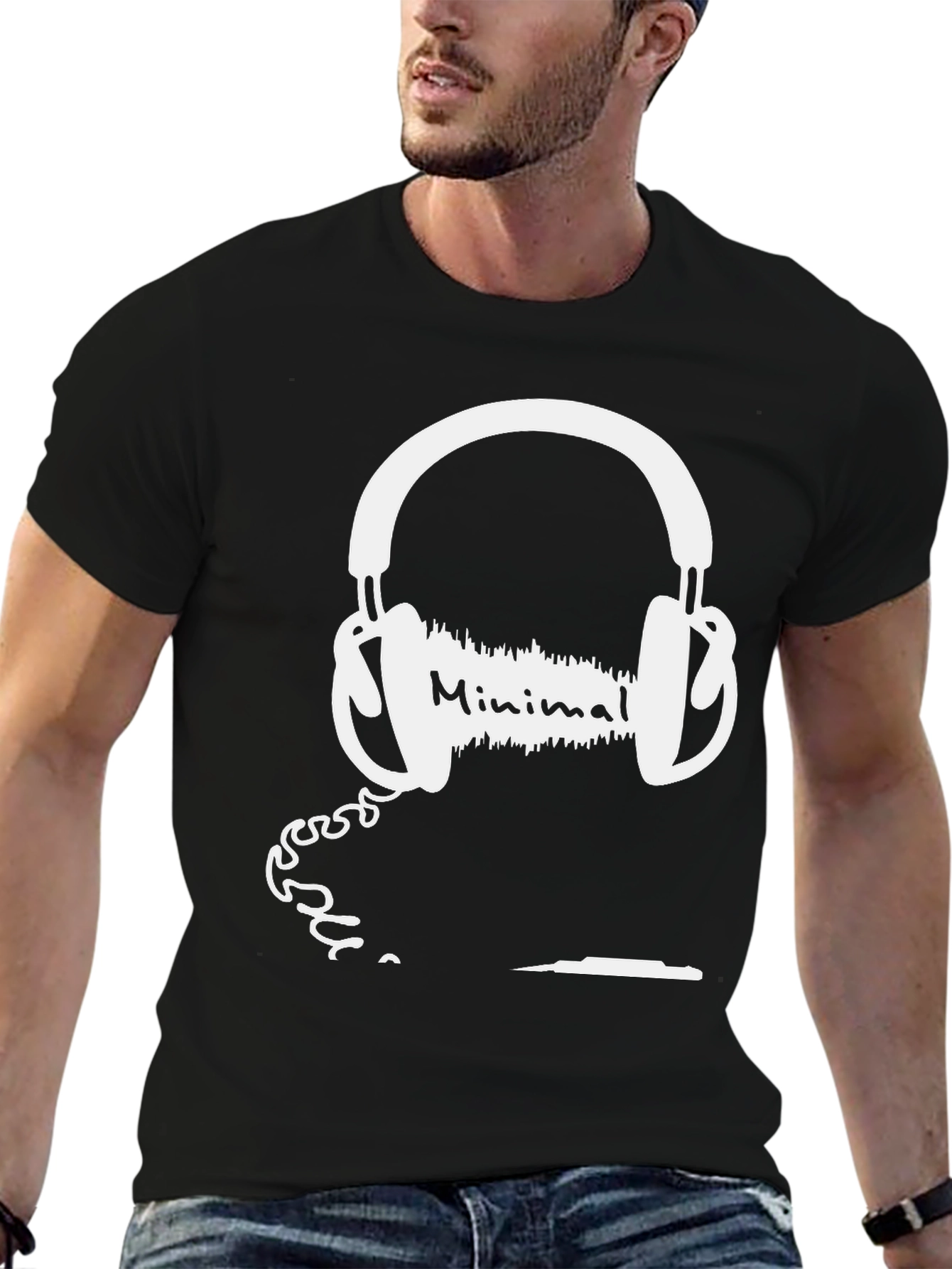Black Minimal Headphones Black T-Shirt view 6