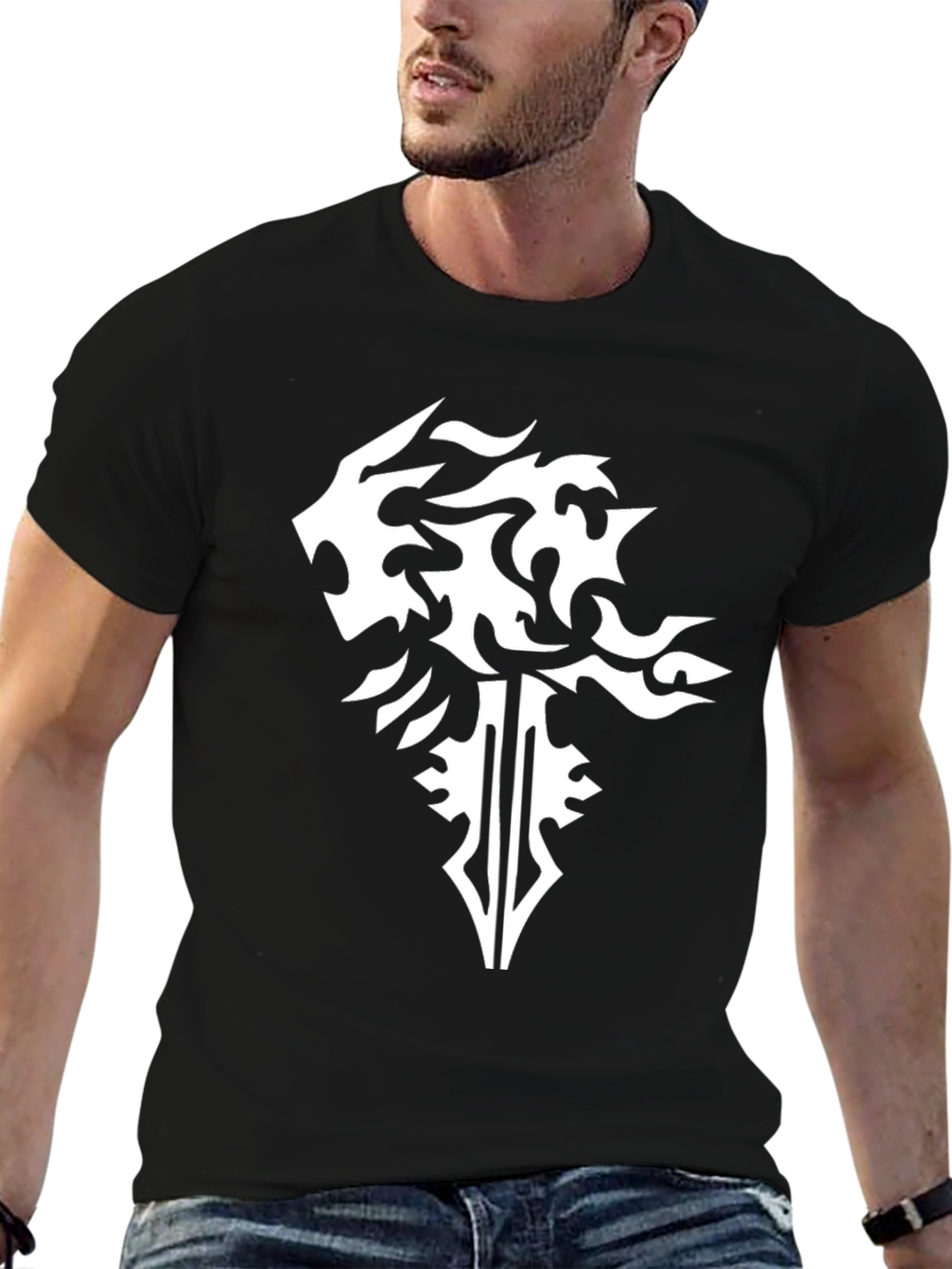 Black Black T-Shirt with Abstract Lion & Sword Design view 6