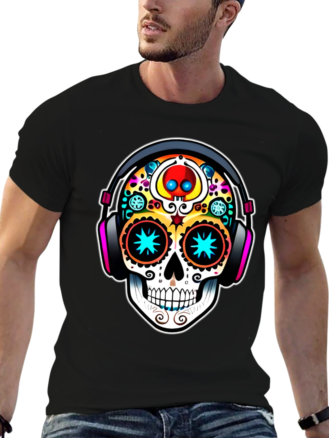 Black Skull DJ Black T-Shirt - Day of the Dead Style view 6