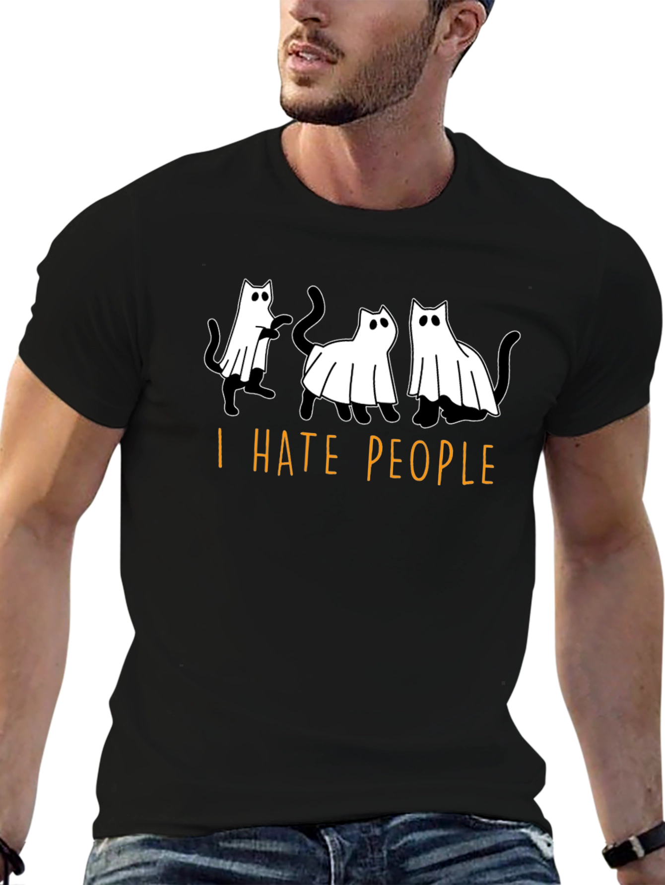 Black I Hate People Ghost Cats Black T-Shirt view 6
