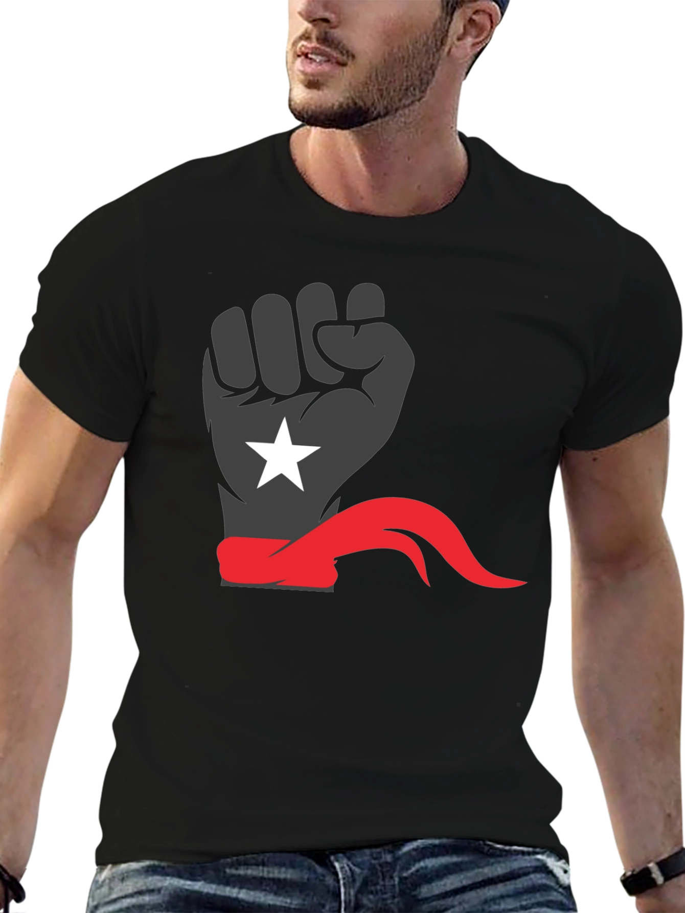 Black Power Fist Tee - Red Bandana Star Design - 6