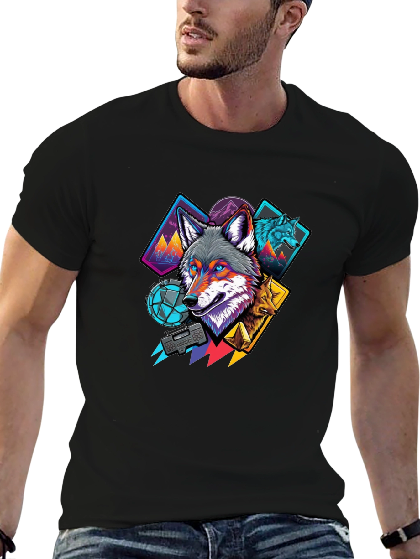 Black Wolf Graphic Print Black T-Shirt view 6