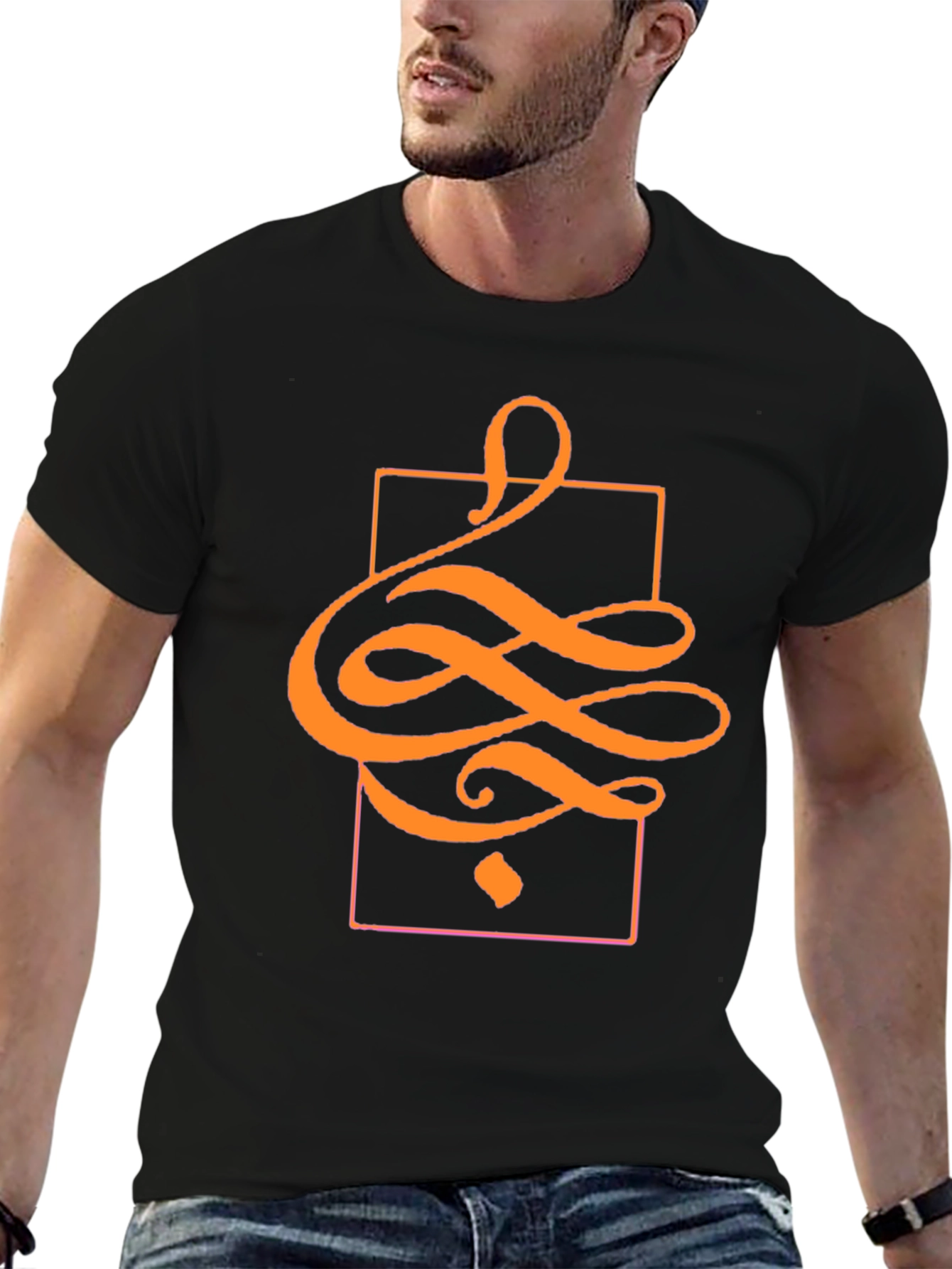 Black Stylish Black T-Shirt with Abstract Orange Design view 6