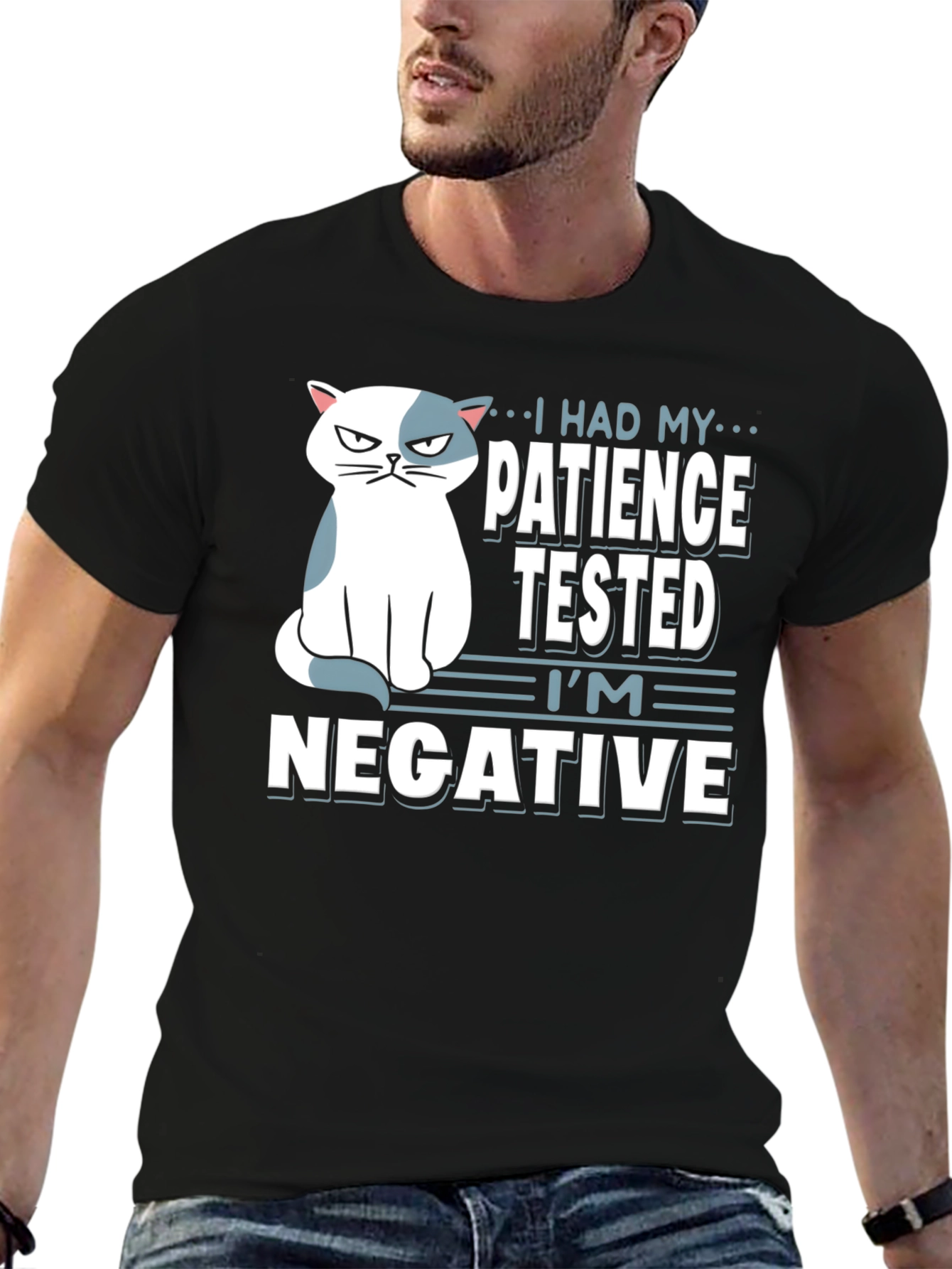 Black Humorous Cat Patience Tested Black T-Shirt view 6