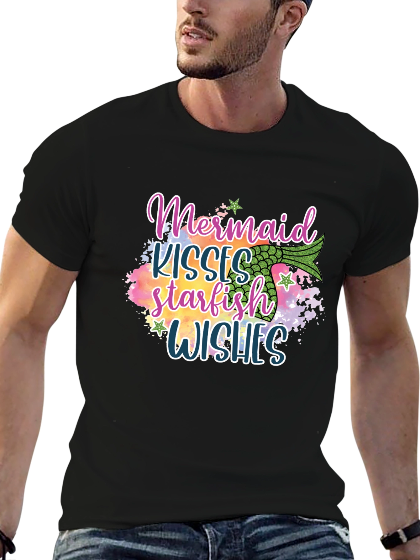 Black Mermaid Kisses Starfish Wishes Graphic Tee view 6