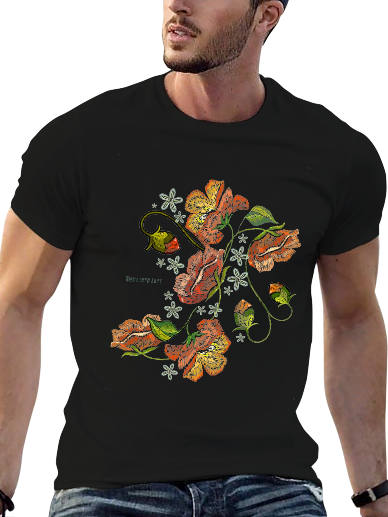 Black Floral Embroidered Graphic Black T-Shirt view 6