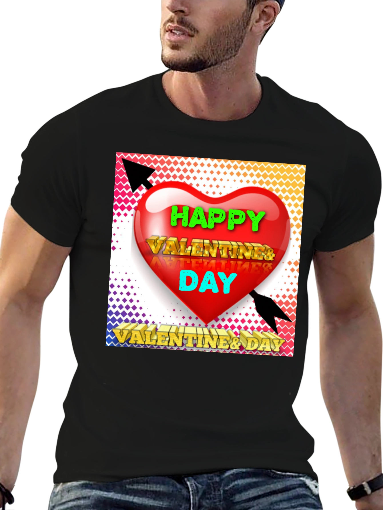 Black Happy Valentine's Day T-Shirt, Heart Arrow Design view 6