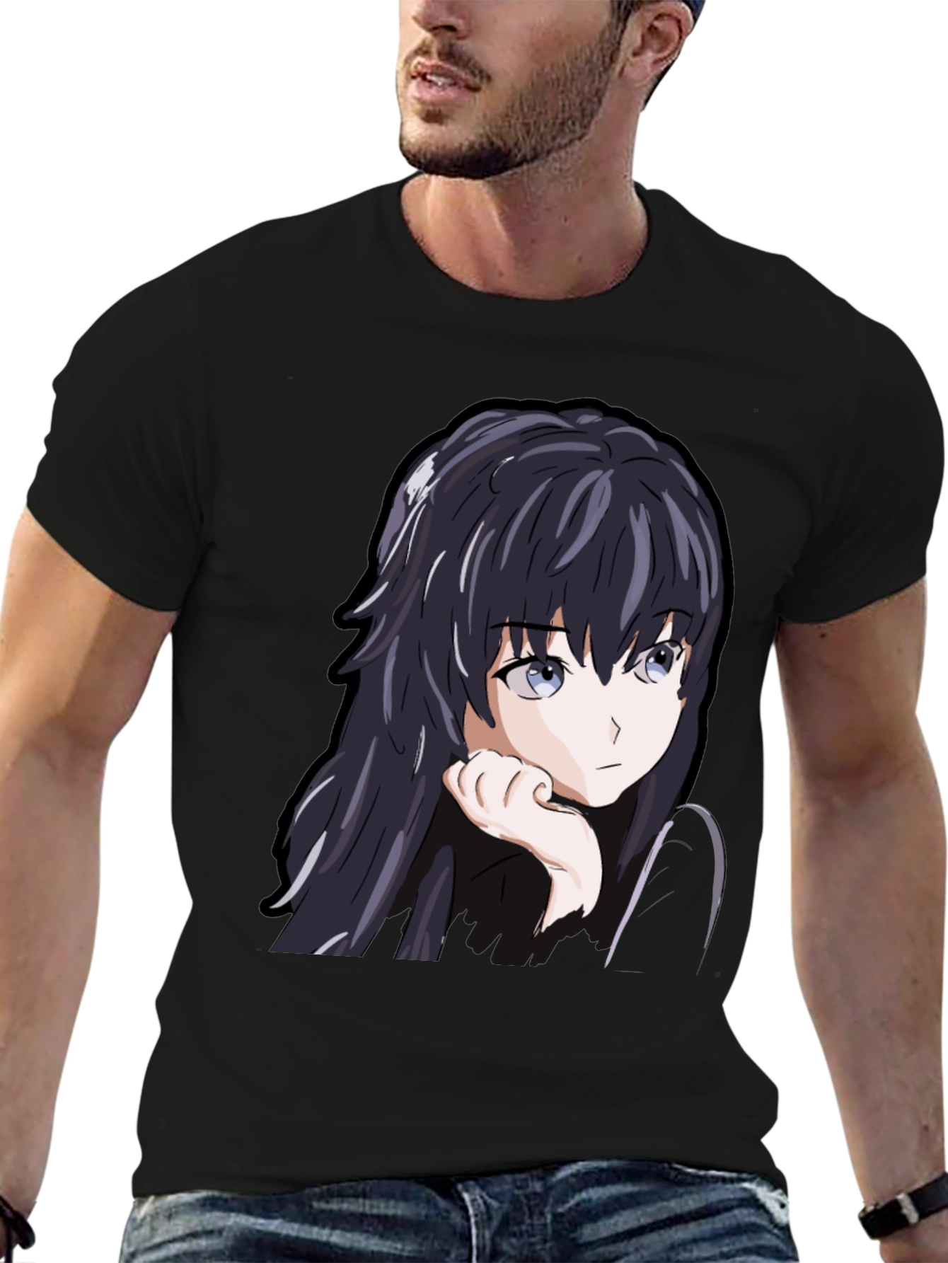 Black Anime Girl Graphic Tee - Black Cotton Casual T-Shirt view 6