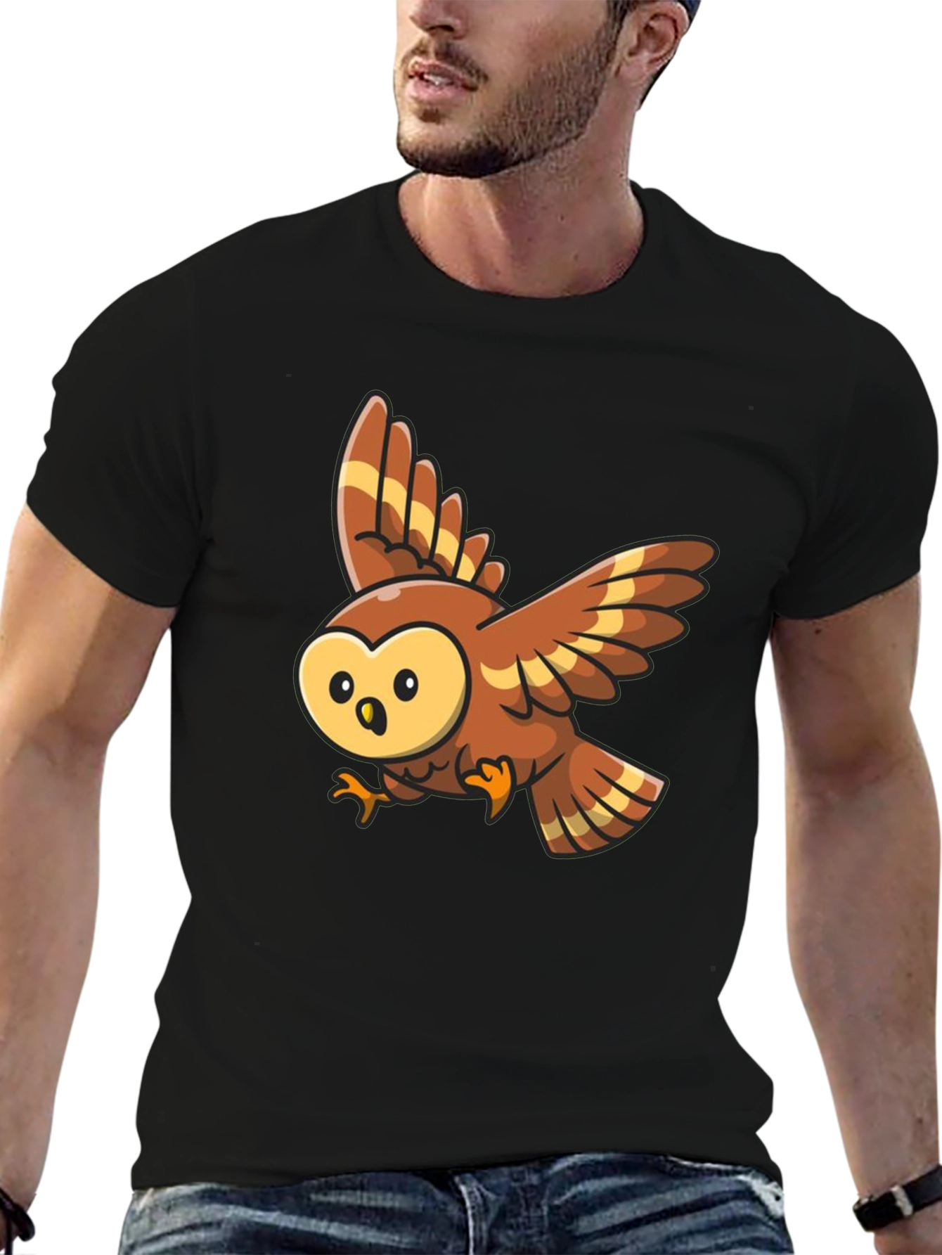 Black Cartoon Owl Graphic Tee - Black Cotton Blend view 6