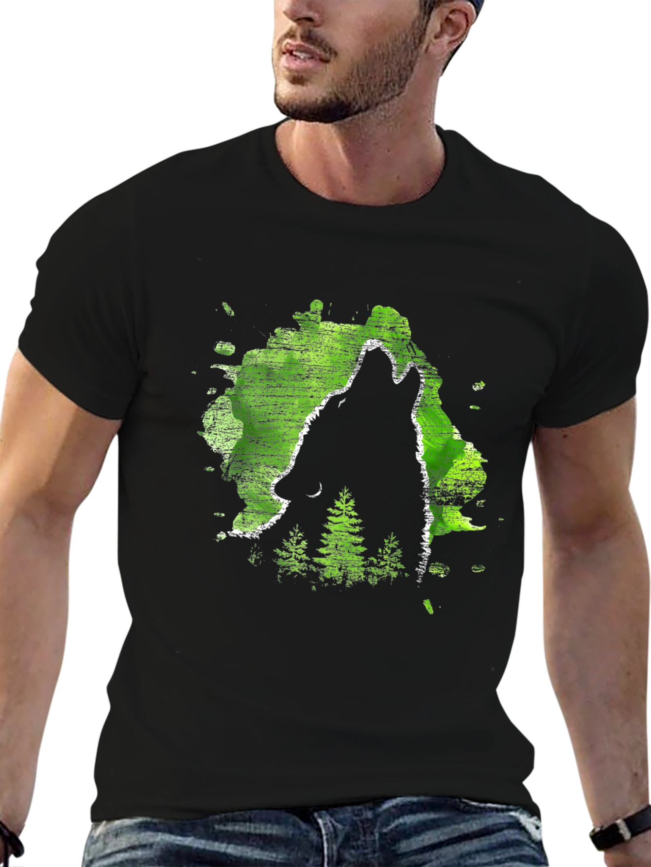 Black Wolf Howl Black T-Shirt, Green Forest Design view 6