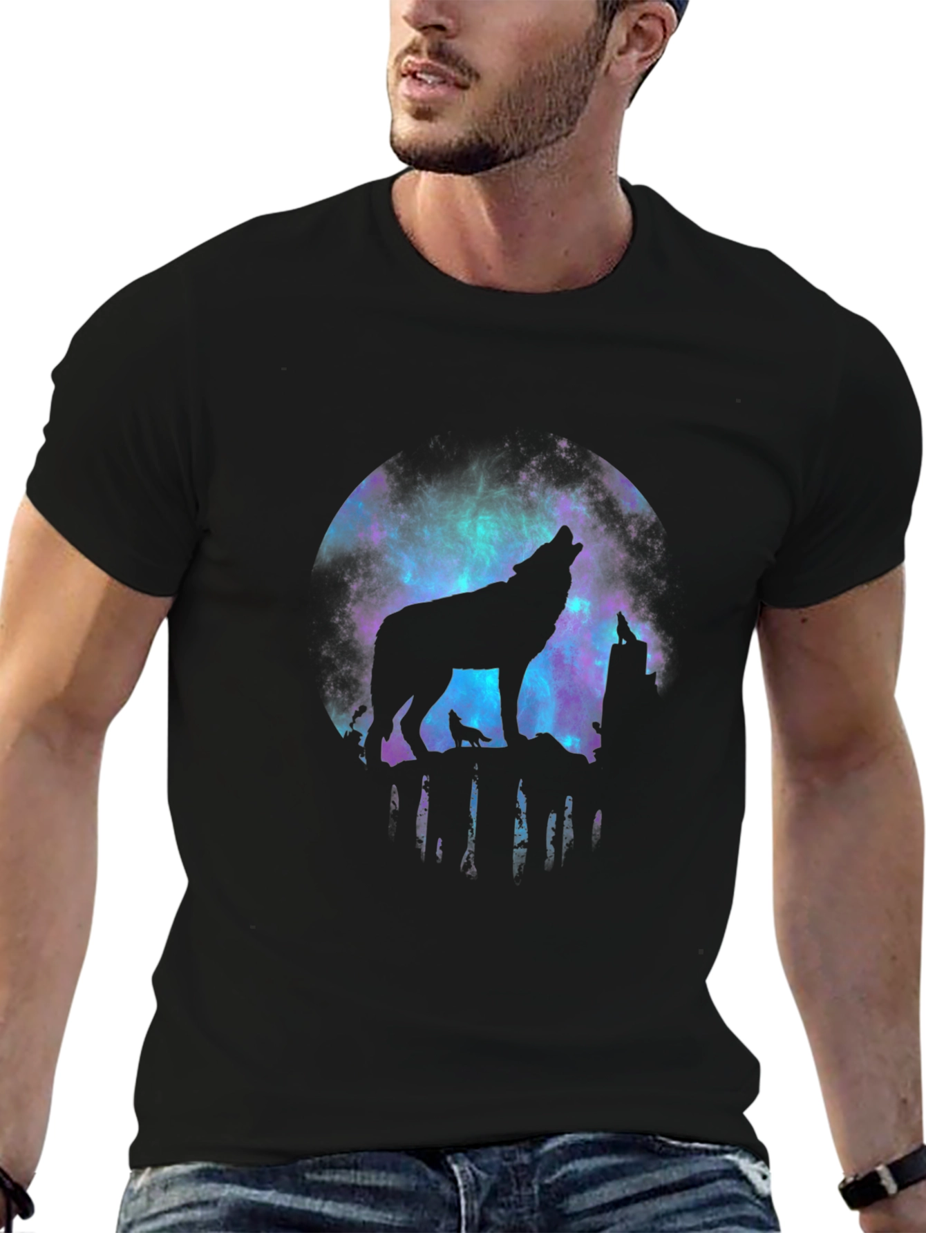 Black Wolf Galaxy T-Shirt - Men's Black Tee view 6
