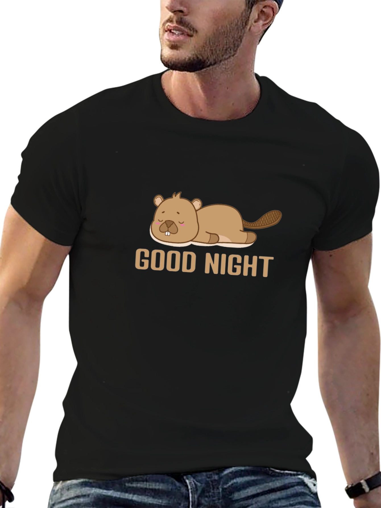 Black Good Night Beaver T-Shirt - Soft Black Cotton Blend view 6