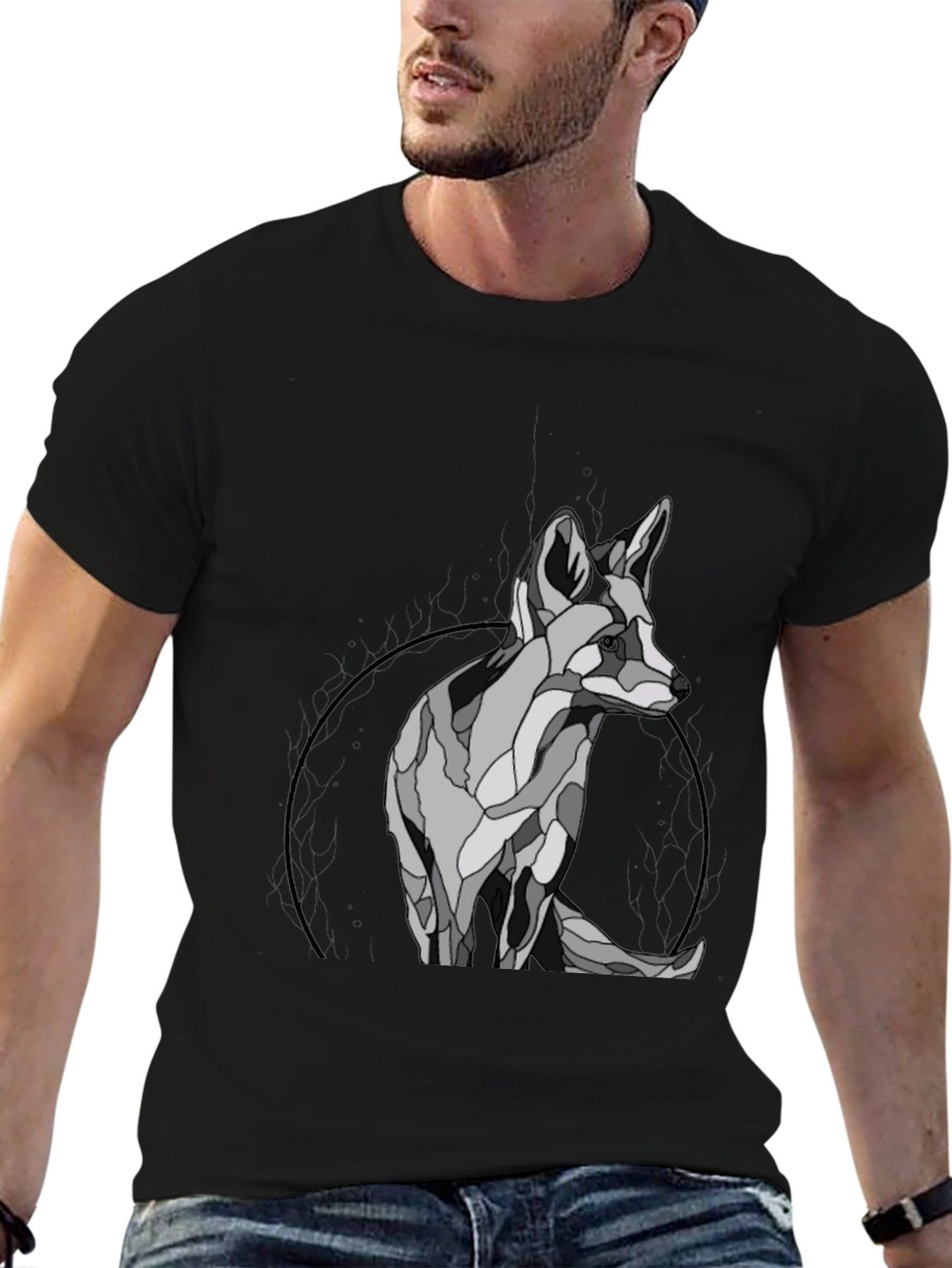 Black Geometric Fox Graphic T-Shirt view 6