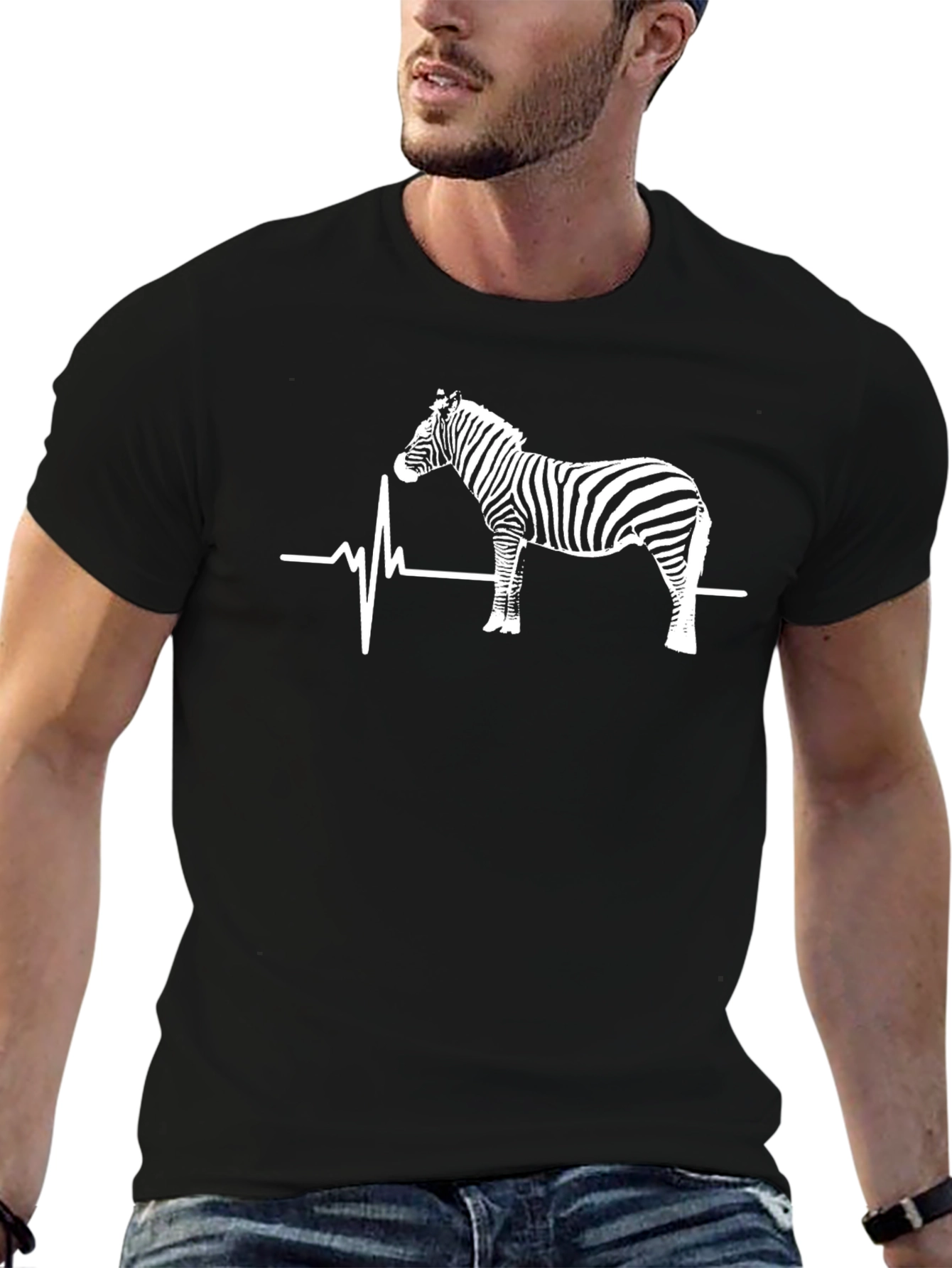 Black Zebra Heartbeat Graphic T-Shirt - Black Cotton Tee view 6