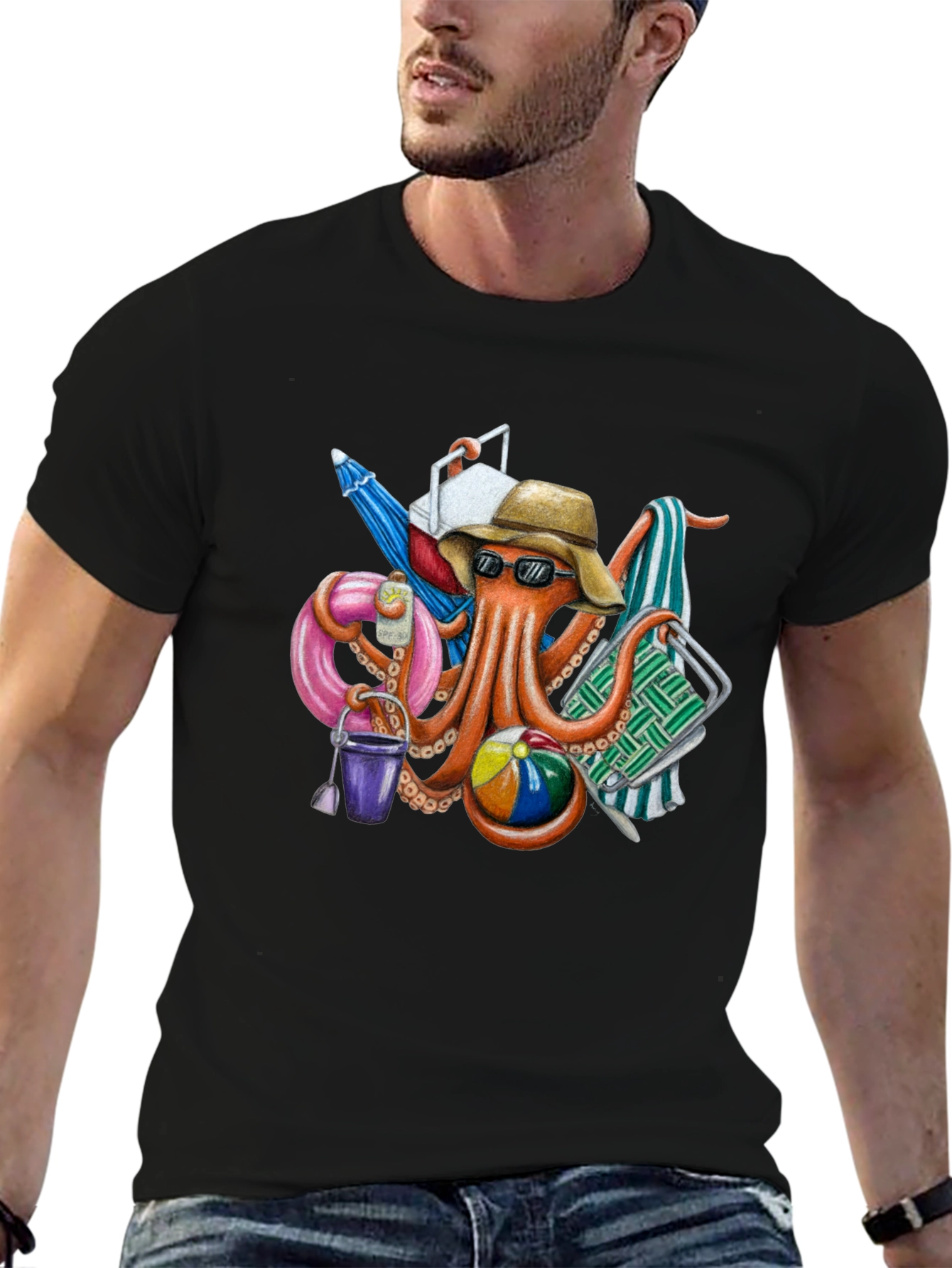 Black Beach Octopus Graphic T-Shirt - Summer Fun! view 6