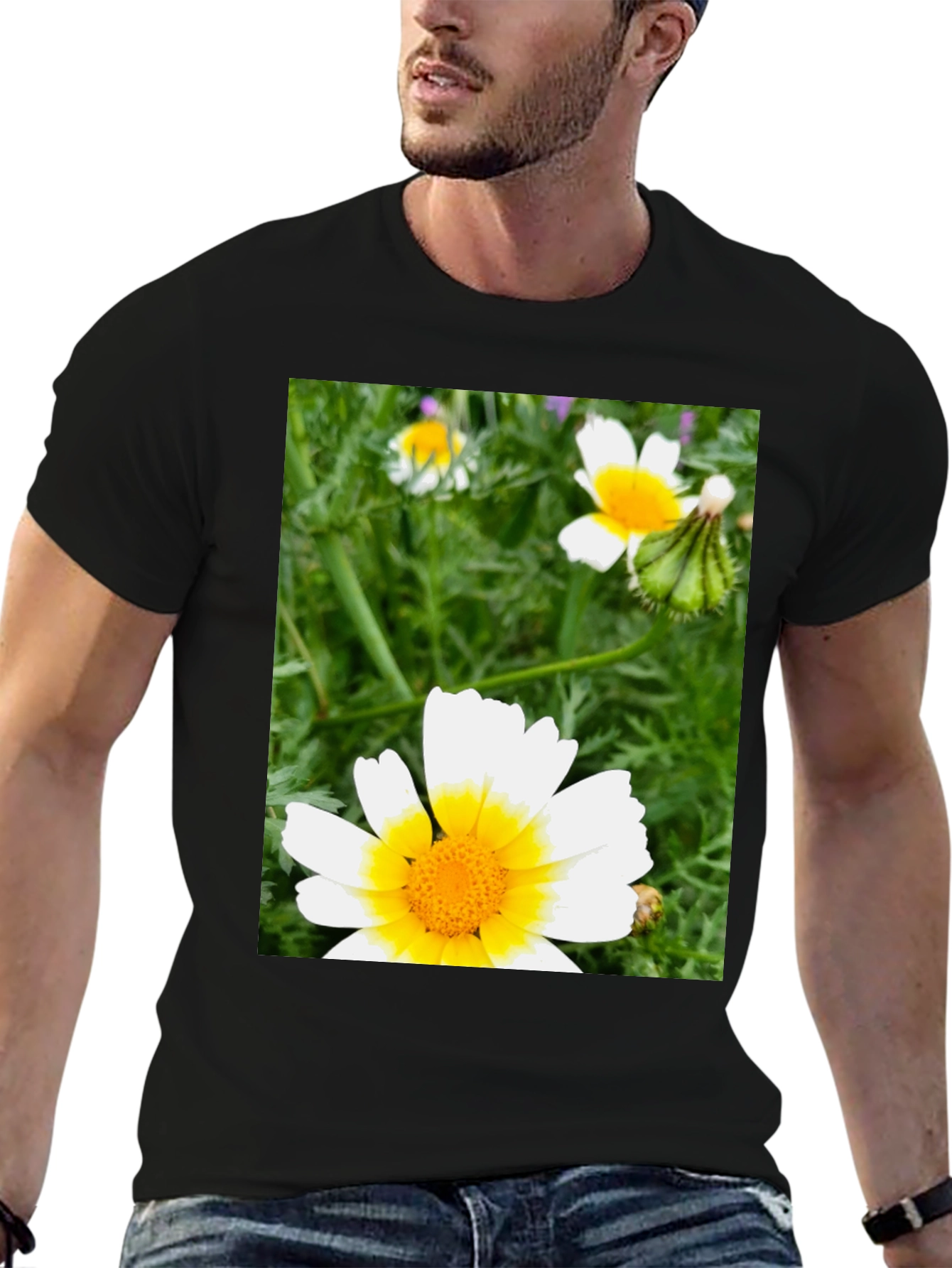 Black Daisy Flower Graphic T-Shirt - Casual Black Tee view 6