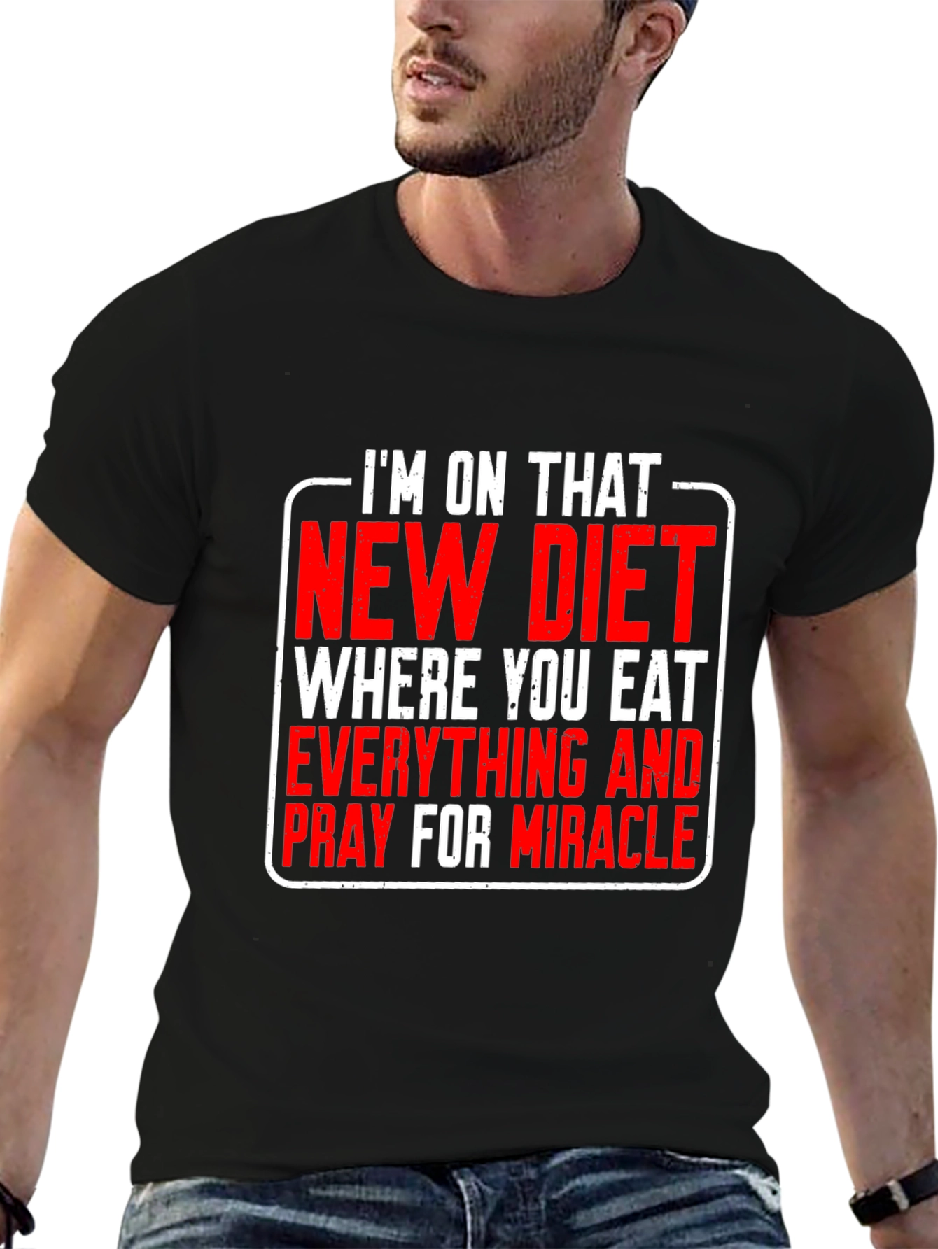 Black Funny Diet T-Shirt: Eat Everything & Pray view 6