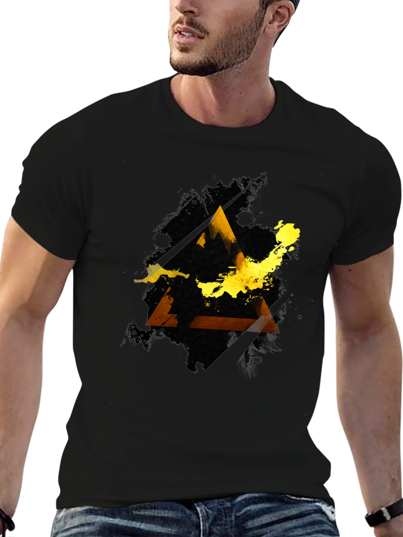 Black Abstract Triangle Graphic Men's Black Tee view 6