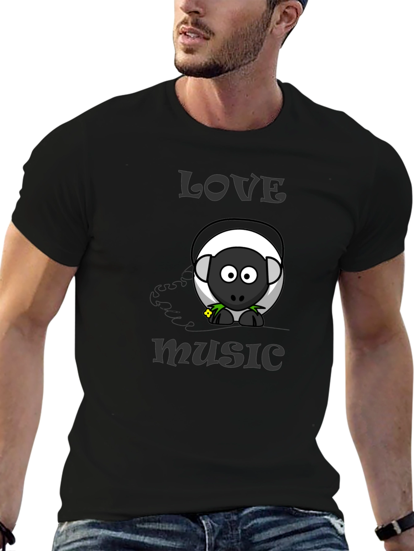 Black Love Music Sheep Cartoon Graphic T-Shirt view 6